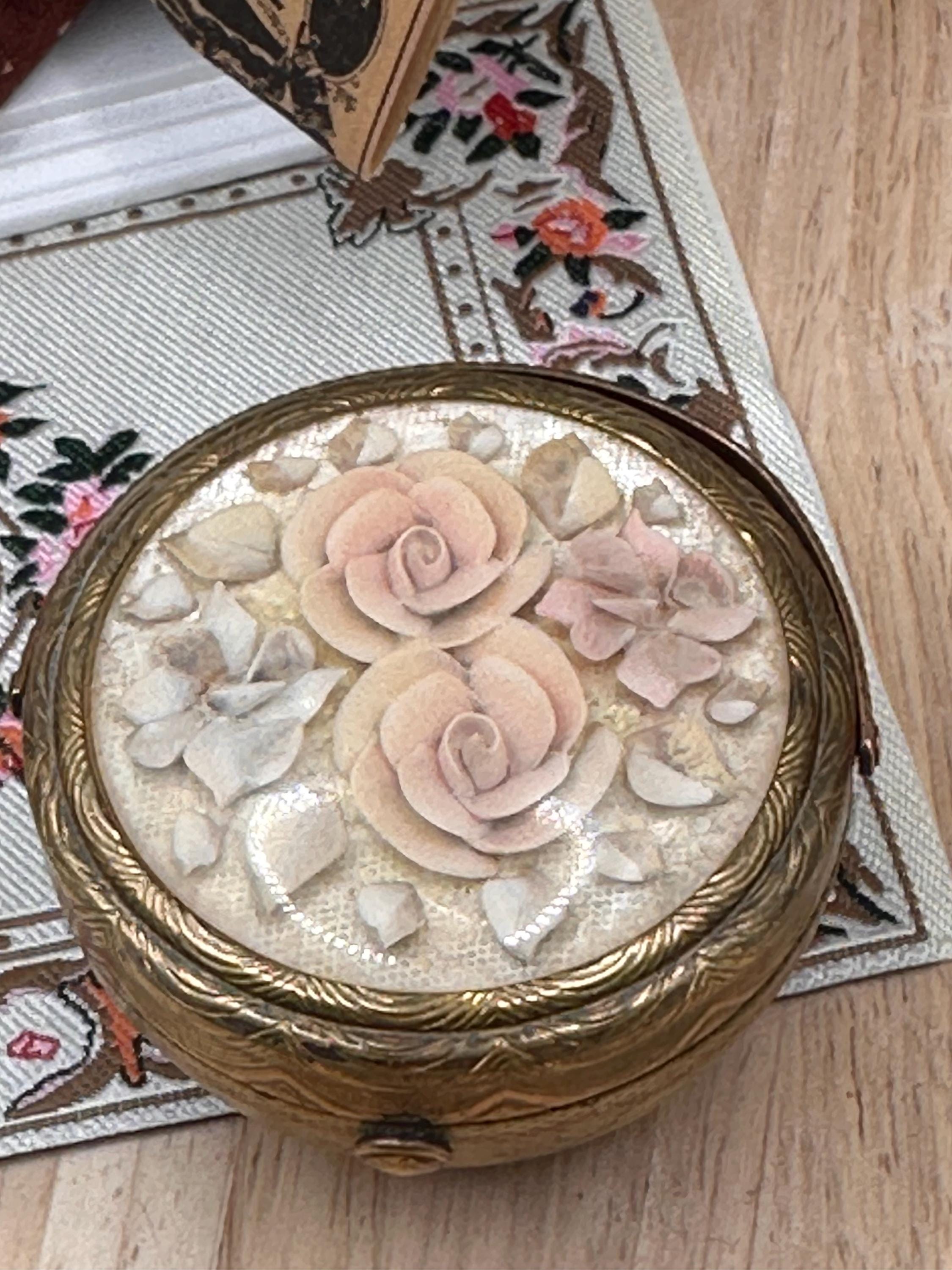 Vintage Kigu Bouquet Powder Compact 5.5cm Floral Lucite Compact Mirror Vanity Compact England