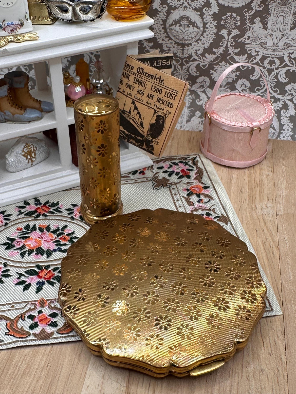 Vintage Stratton Boxed Matching Compact & Lipstick Holder Set | Gold Tone Floral Engine Turned | Original Puff | Vanity Gift