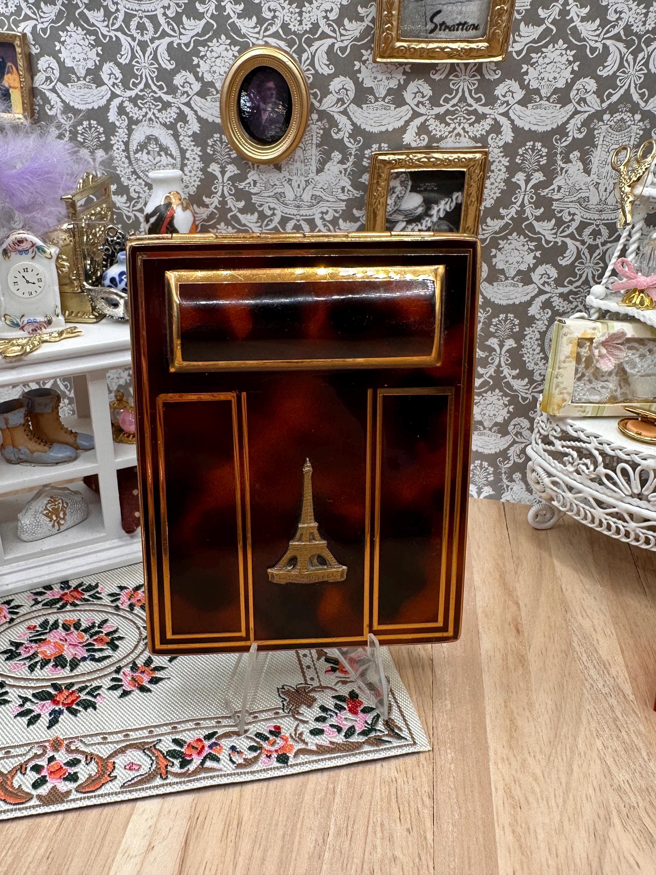 Vintage Art Deco Paris Eiffel Tower Souvenir Powder Compact Faux Tortoiseshell Vanity Compact c1930s 1940s