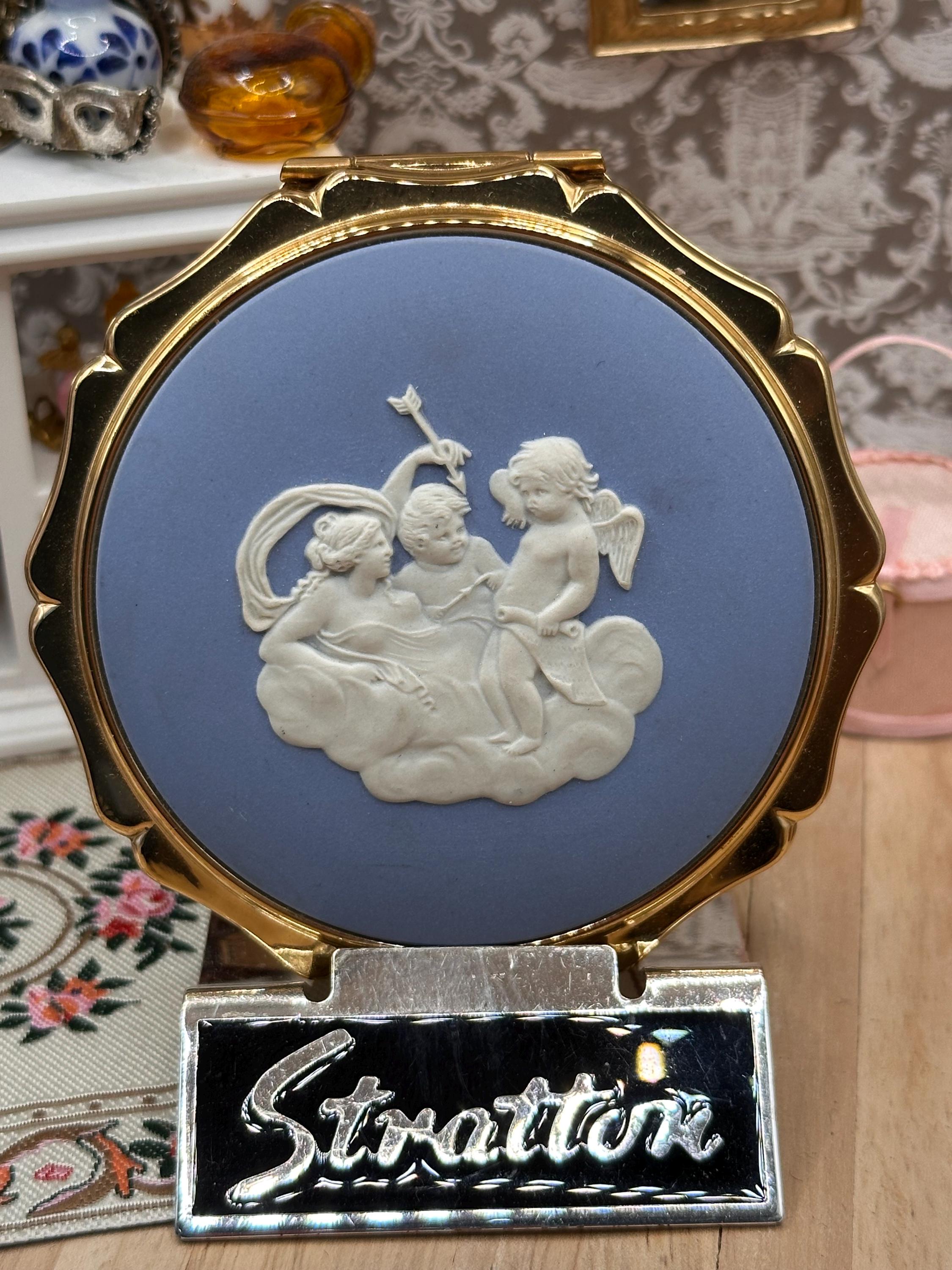 Stratton Wedgwood Jasperware Powder Compact, Blue Classical Cameo, Complete with Puff, Sifter & Pouch, 8.5cm