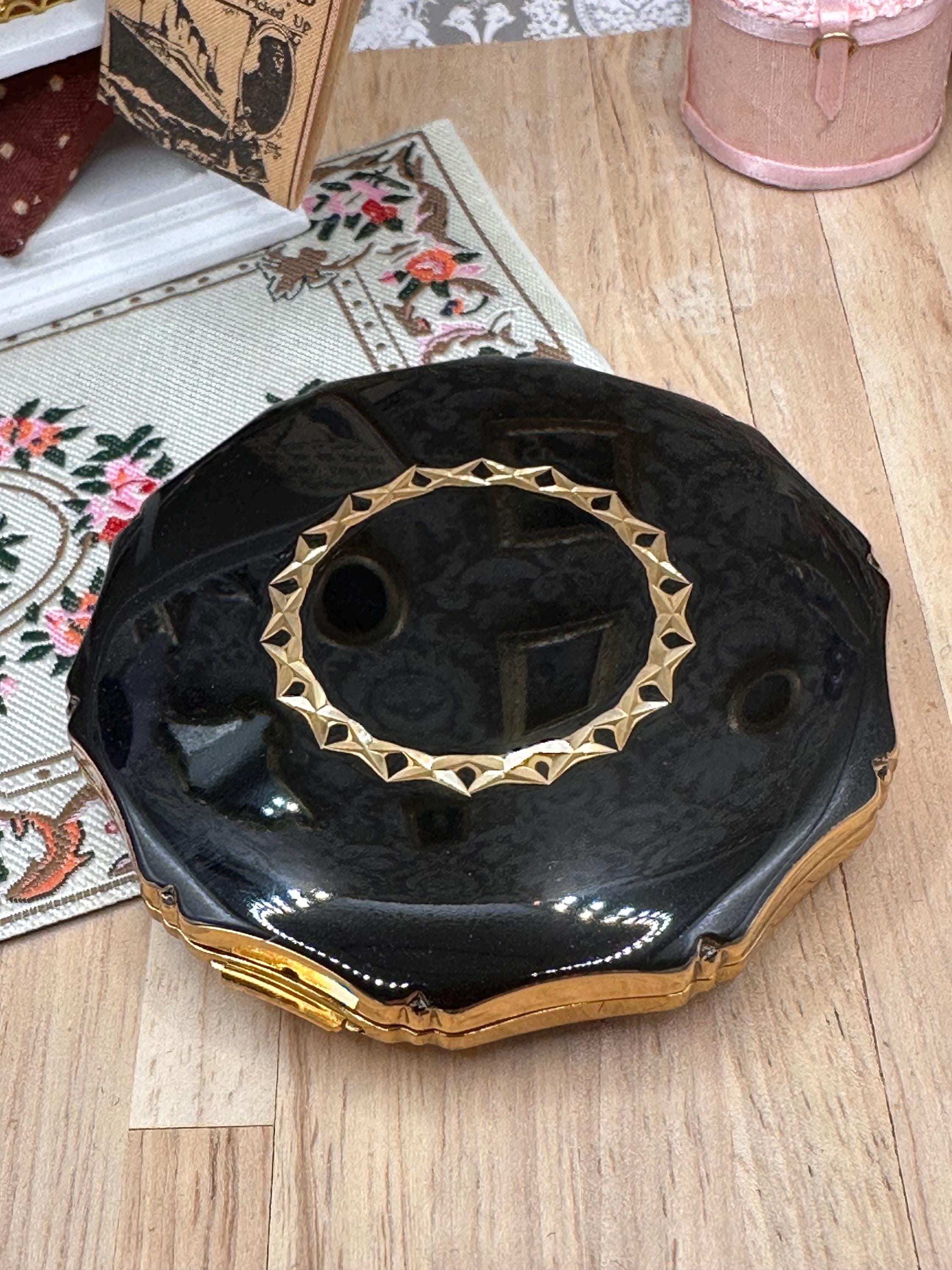 Kigu Black Enamel Powder Compact with Gold Geometric Detail, Vintage 7.5cm Vanity Compact