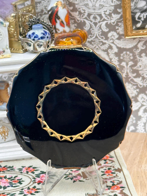 Kigu Black Enamel Powder Compact with Gold Geometric Detail, Vintage 7.5cm Vanity Compact