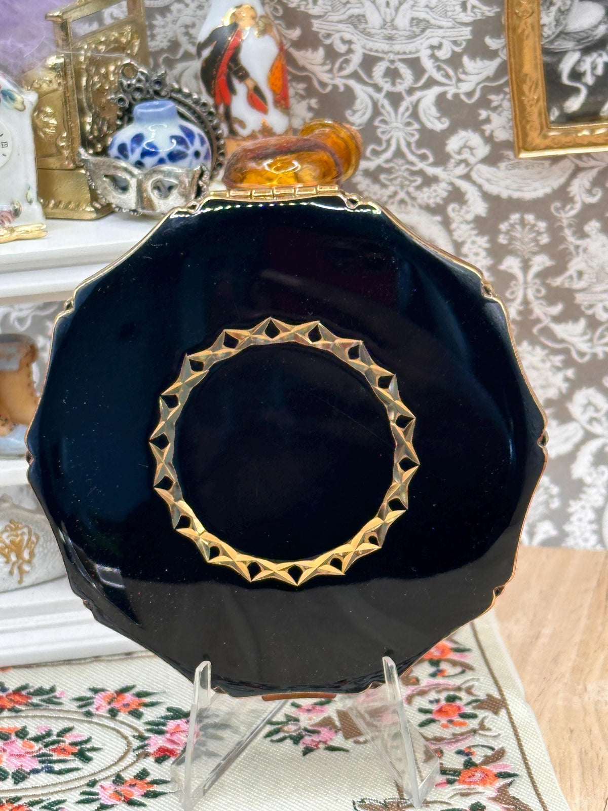 Kigu Black Enamel Powder Compact with Gold Geometric Detail, Vintage 7.5cm Vanity Compact