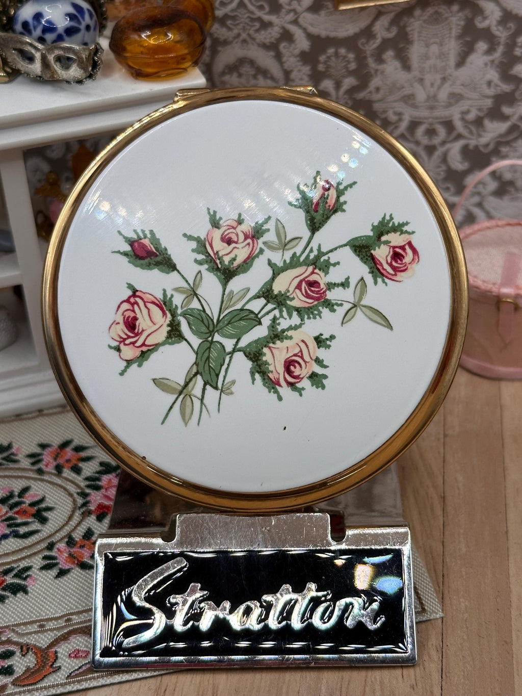 Vintage Stratton Pink Rose Enamel Powder Compact Mirror 7.5cm England