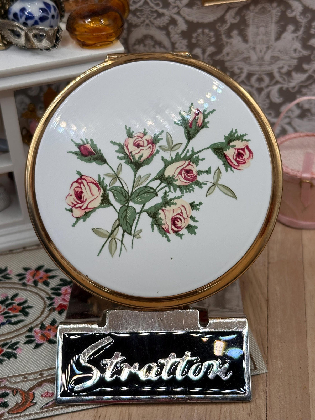 Vintage Stratton Pink Rose Enamel Powder Compact Mirror 7.5cm England