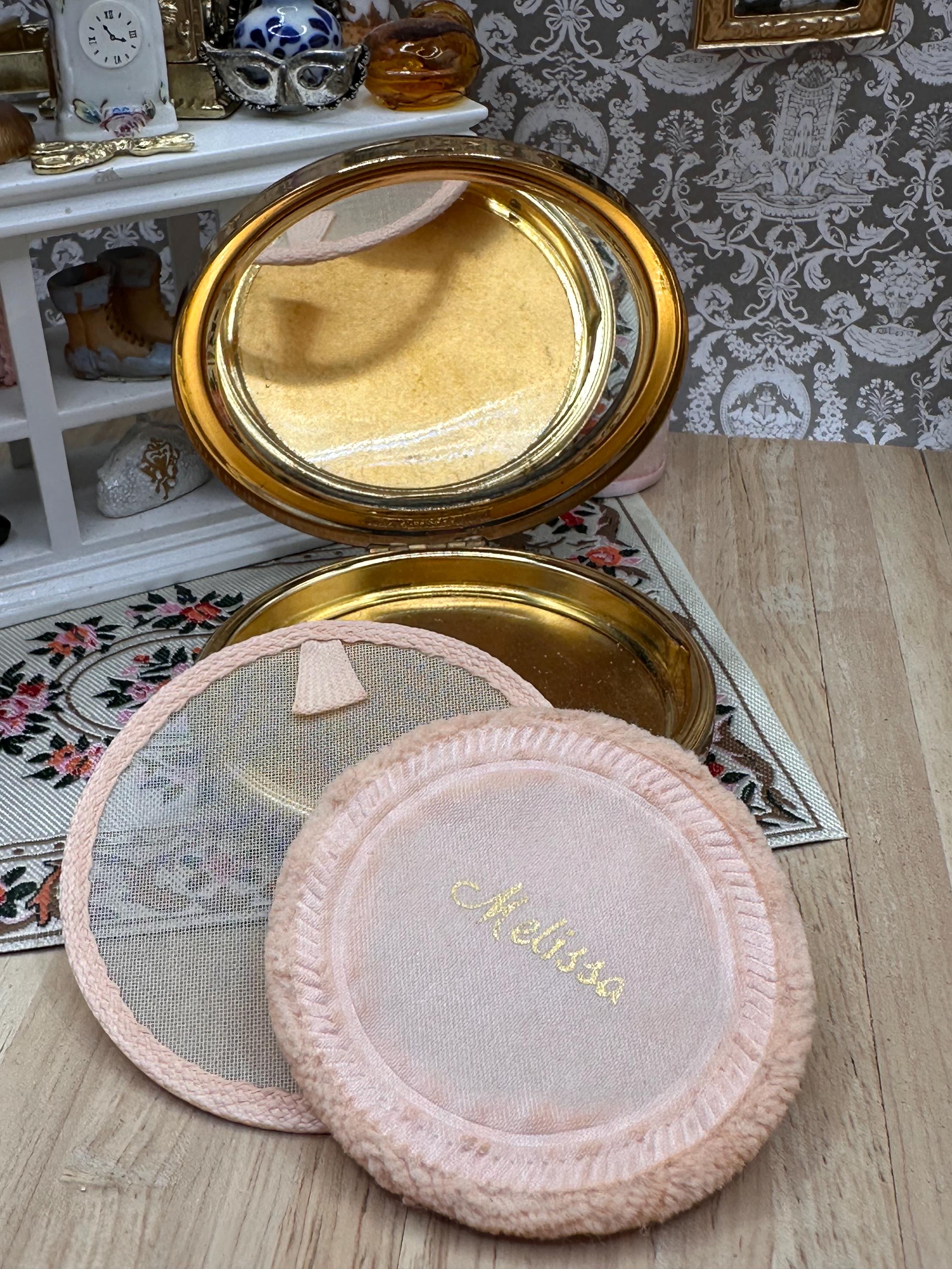 Vintage Melissa Mother of Pearl Powder Compact Iridescent Mosaic Inlay 7.5cm with Original Puff and Sifter