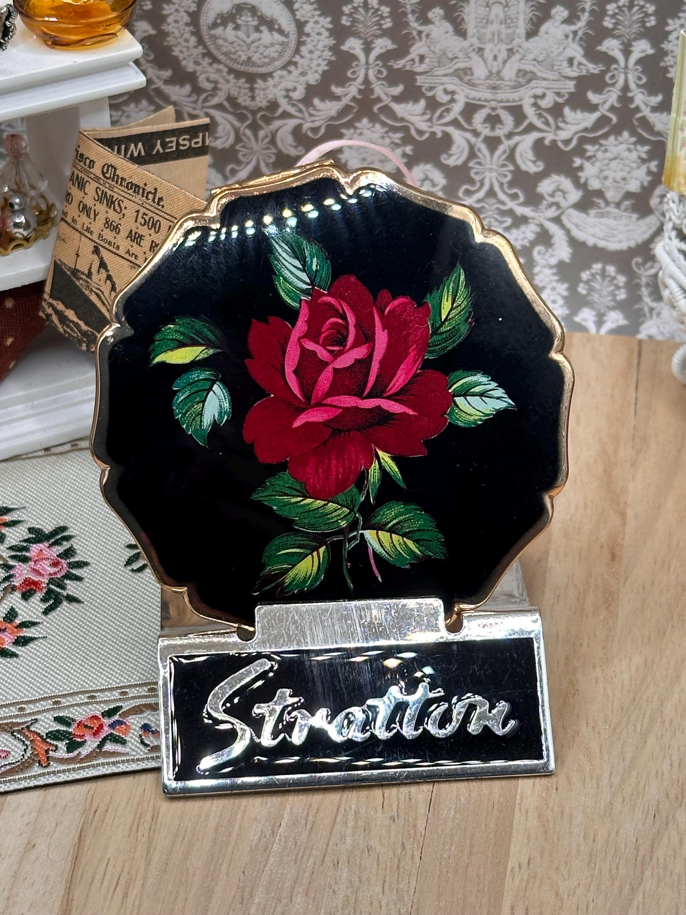 Vintage Stratton Black Enamel Red Rose Powder Compact 7.5cm England Mid Century Vanity Mirror