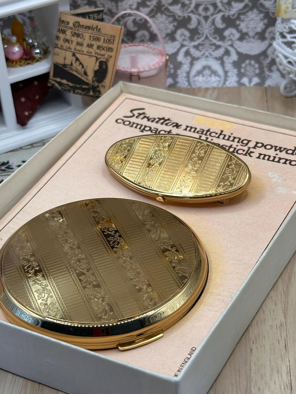 Vintage Stratton Boxed Powder Compact & Lip View Mirror Set, Unused, Made in England