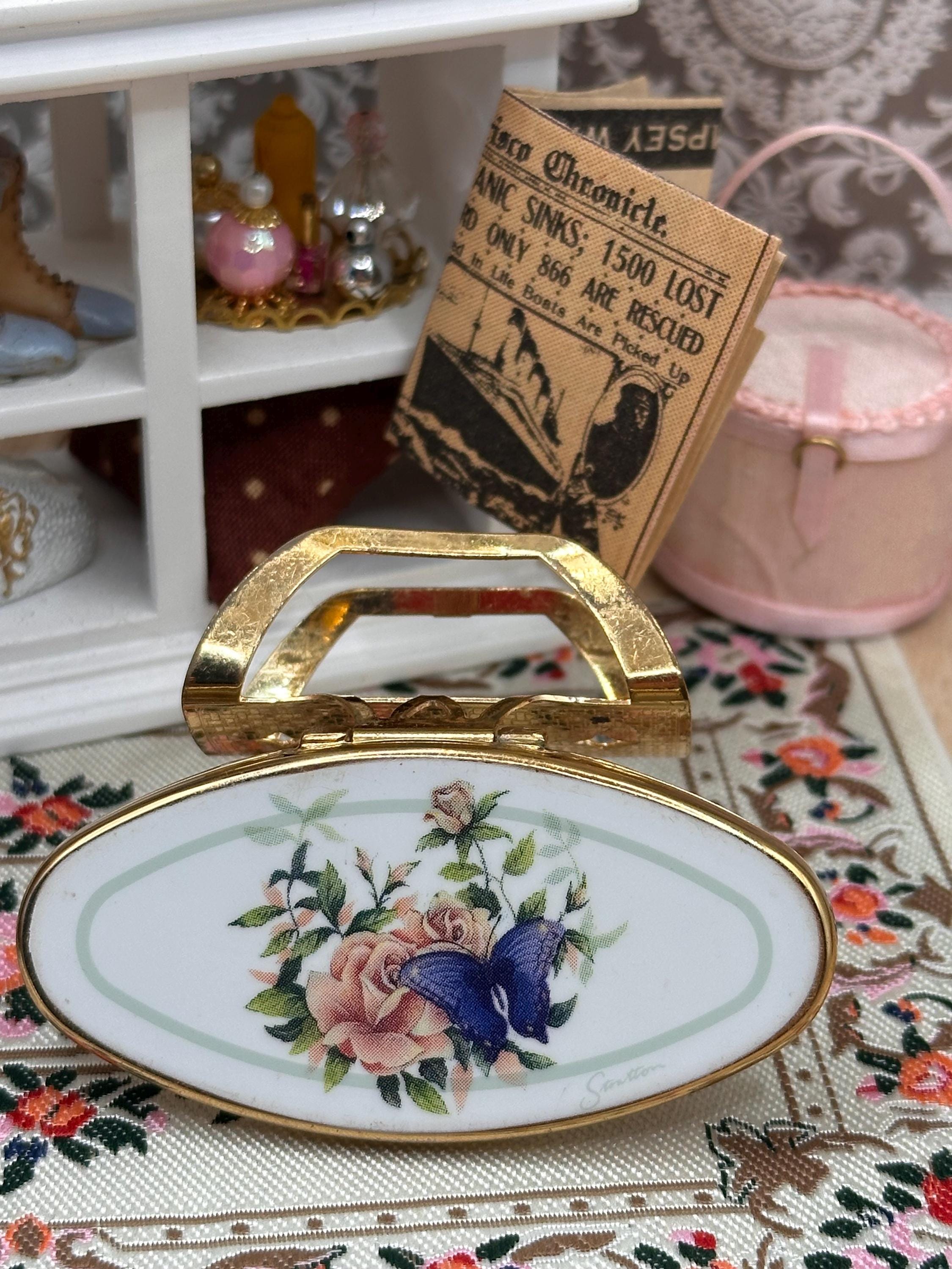 Vintage Stratton Lip View Mirror Butterfly & Roses Gold Tone Lipstick Holder Made in England 6cm