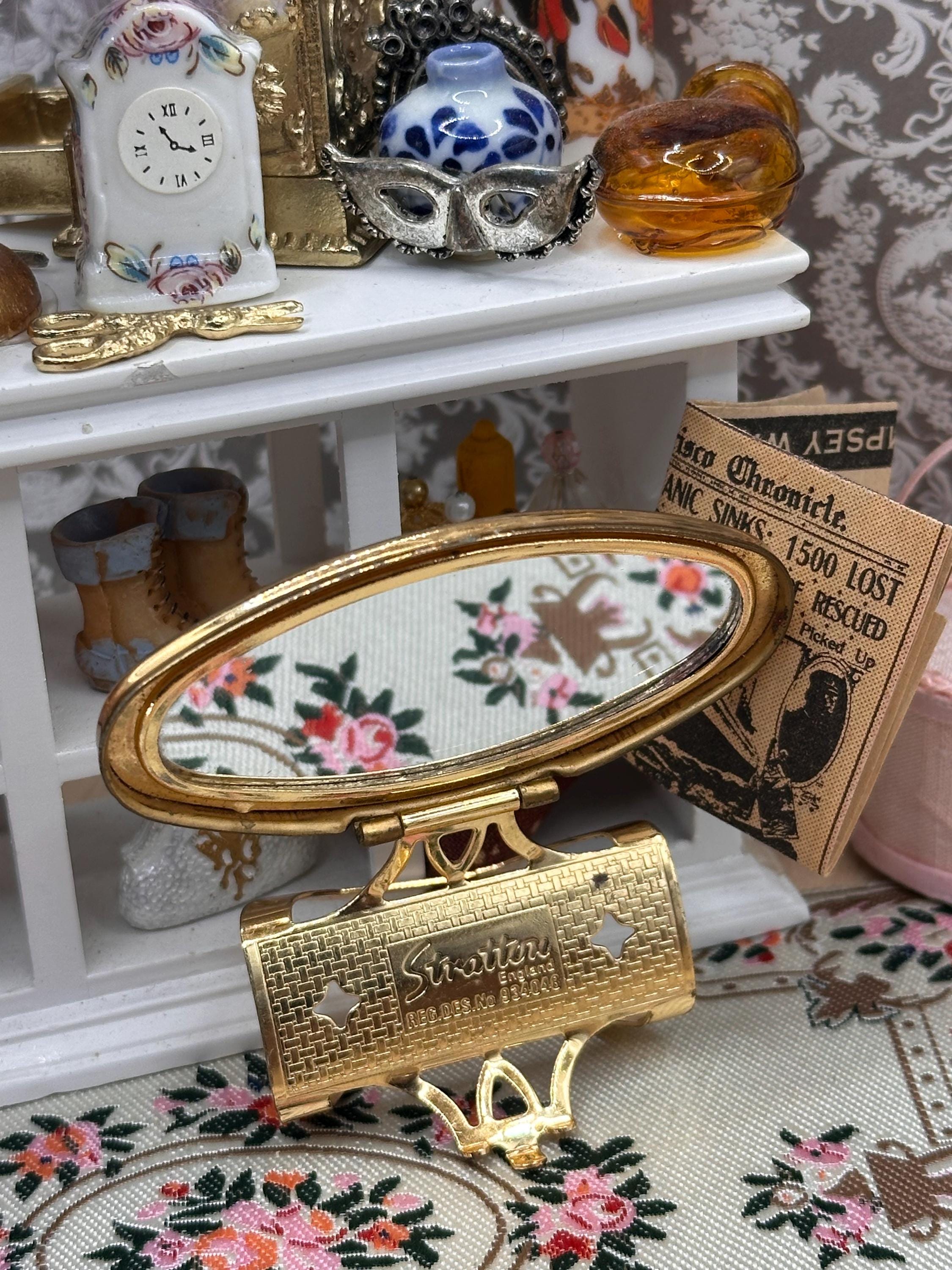 Vintage Stratton Lip View Mirror Butterfly & Roses Gold Tone Lipstick Holder Made in England 6cm