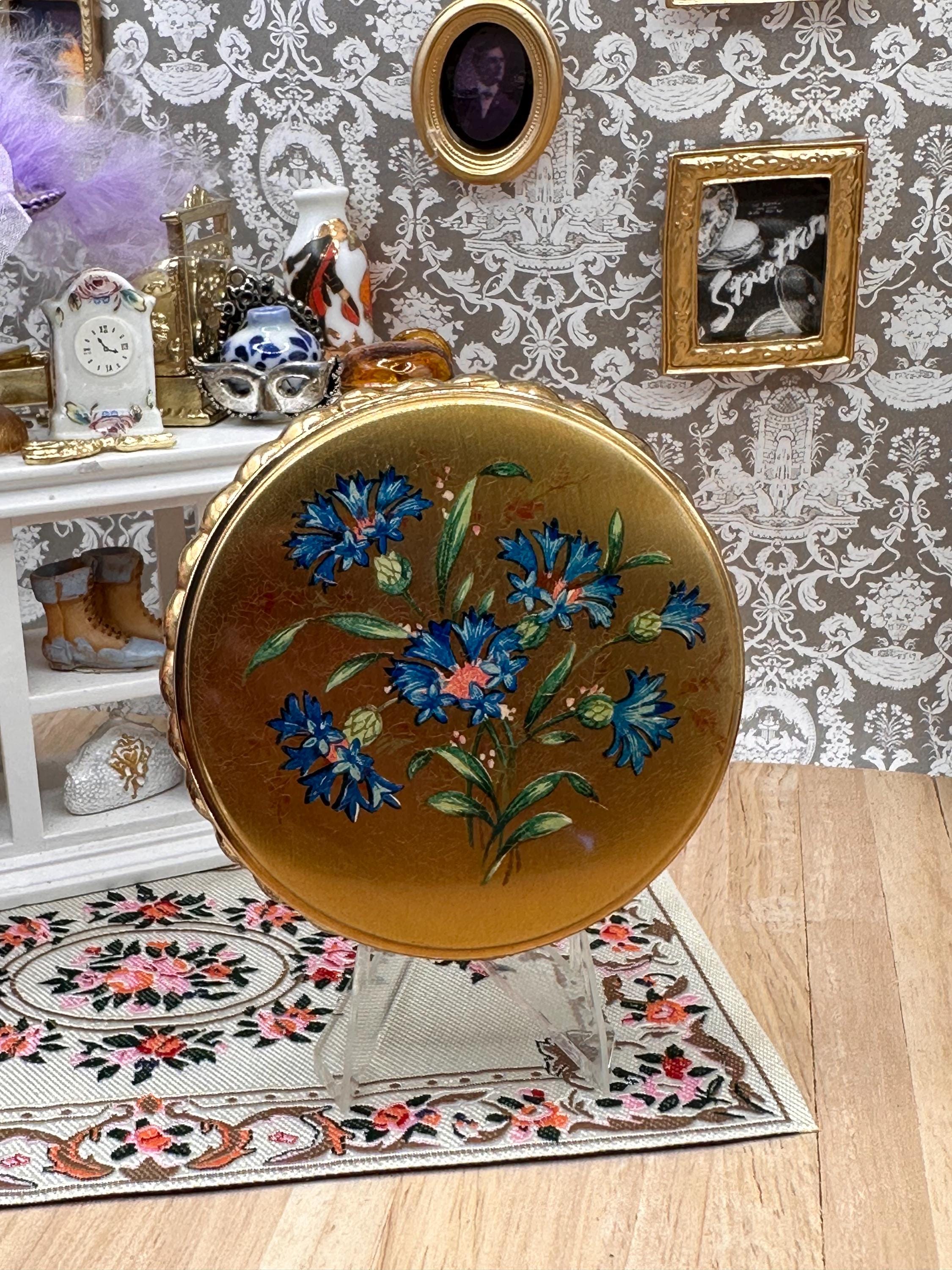Vintage Kigu Caprice Powder Compact Blue Cornflowers Gold Tone Compact Mirror 7.5cm Made in England