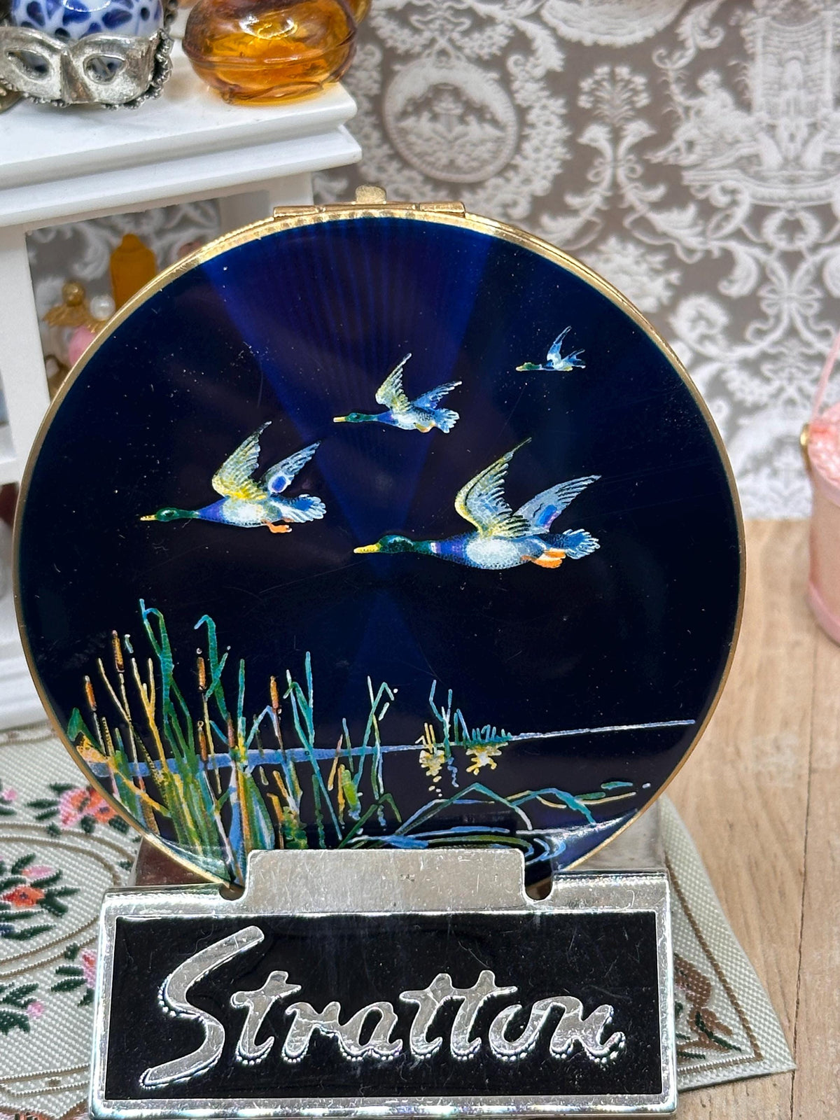 Vintage Stratton Flying Mallards Enamel Powder Compact 7.5cm | Hand Enamelled Duck Compact with Original Pouch | Made in England