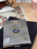 Art Deco Engine Turned Powder Compact with Blue Enamel Geometric Design, Complete with Puff & Sifter, 1930s Vintage