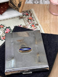 Art Deco Engine Turned Powder Compact with Blue Enamel Geometric Design, Complete with Puff & Sifter, 1930s Vintage