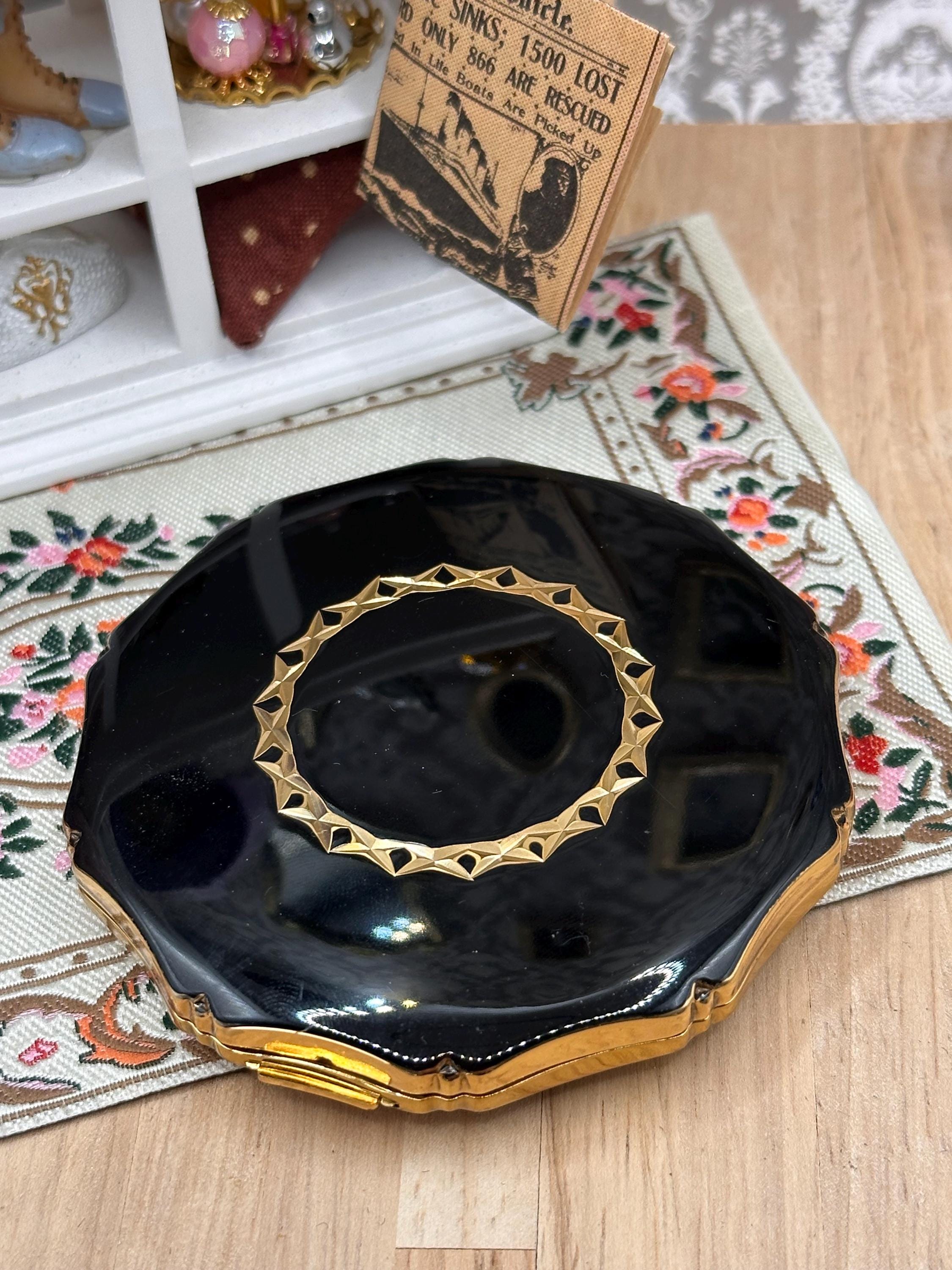 Kigu Black Enamel Powder Compact with Gold Geometric Detail, Vintage 7.5cm Vanity Compact