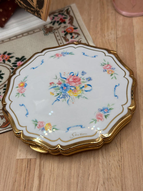 Stratton Floral Powder Compact, White Enamel with Pink & Blue Rose Bouquet, Complete with Original Puff, 8.5cm