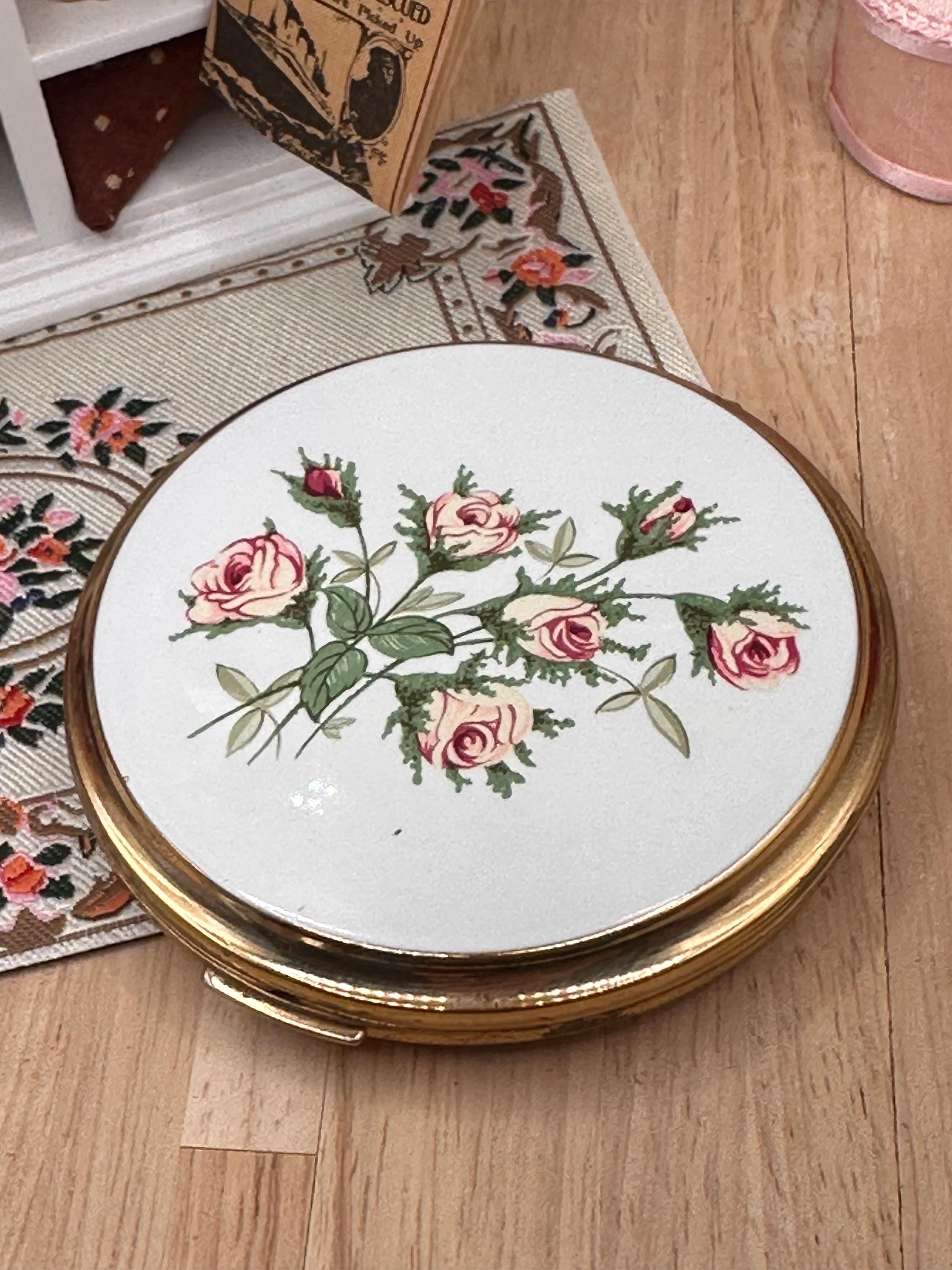 Vintage Stratton Pink Rose Enamel Powder Compact Mirror 7.5cm England