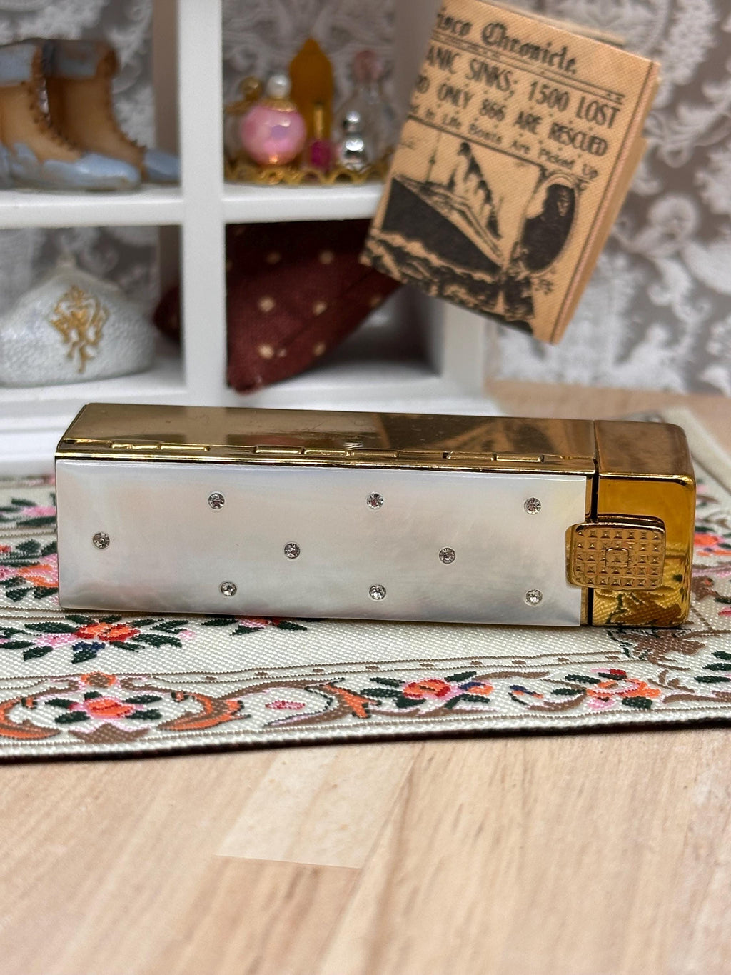 Vintage Kotler and Kopit White Pearlised Lucite & Rhinestone Lipstick Holder with Original Lipstick 6.5cm