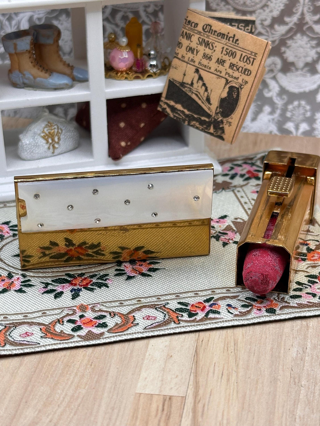 Vintage Kotler and Kopit White Pearlised Lucite & Rhinestone Lipstick Holder with Original Lipstick 6.5cm