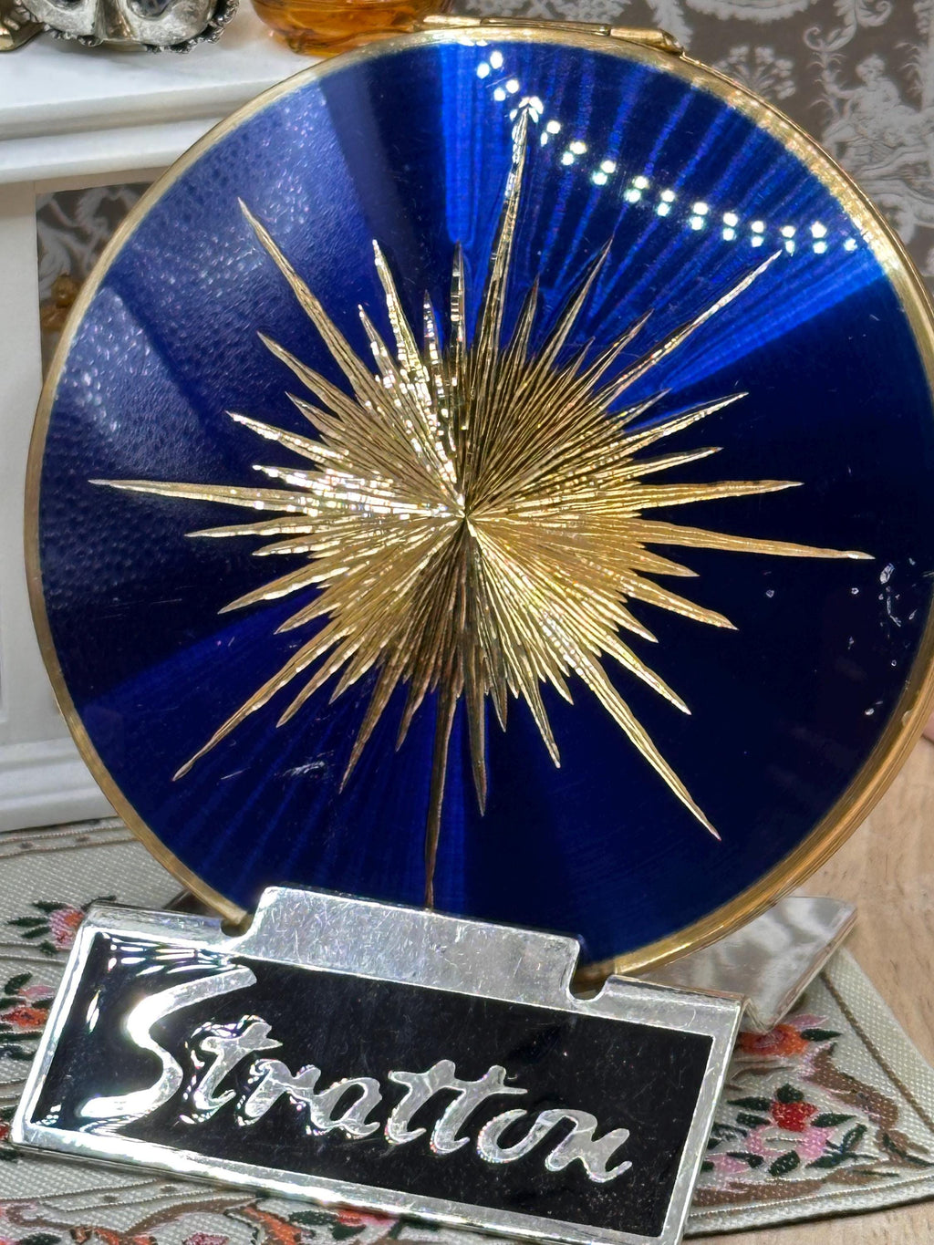 Vintage Stratton Cobalt Blue Guilloché Enamel Starburst Powder Compact 8.5cm Made in England