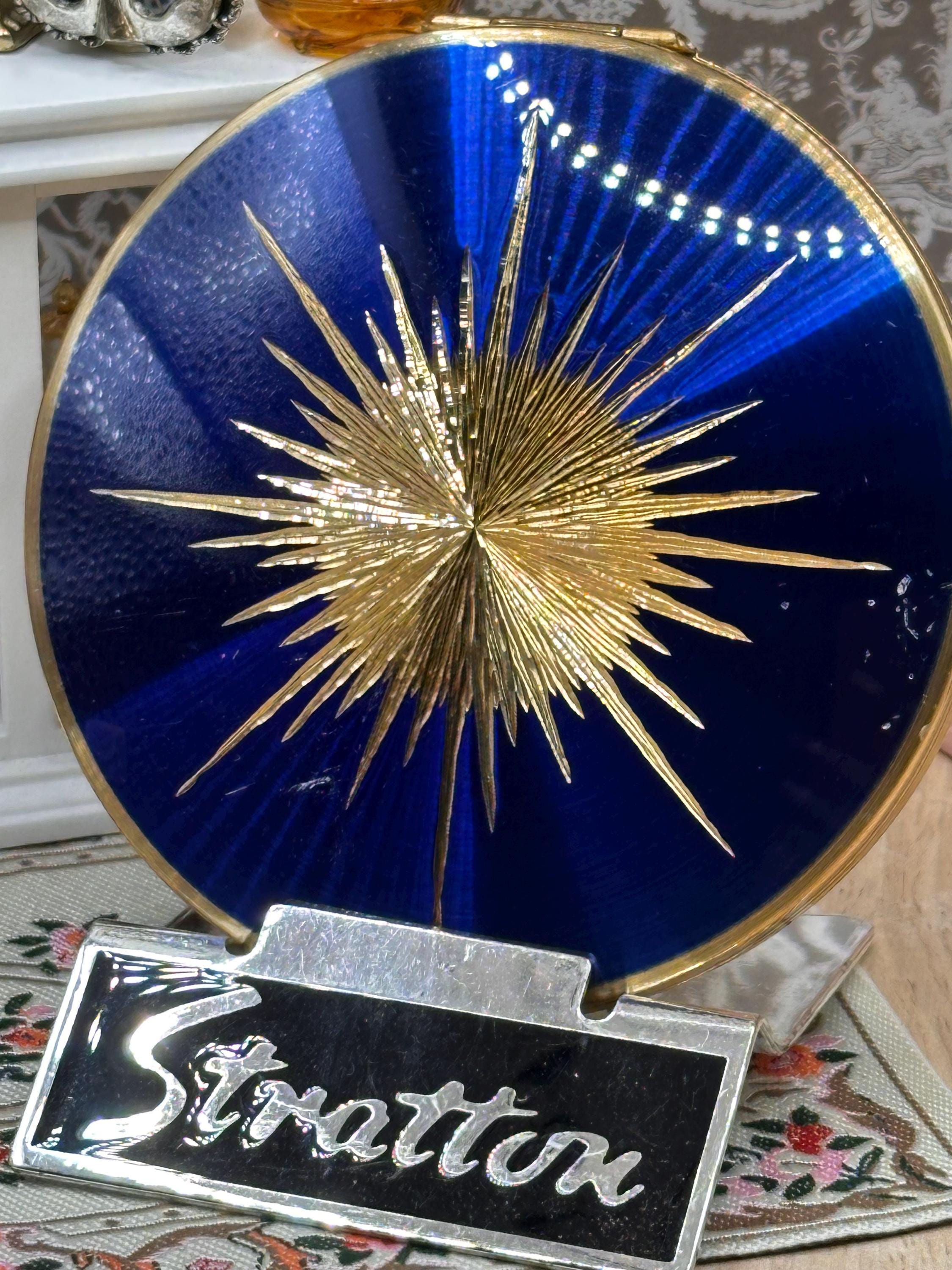 Vintage Stratton Cobalt Blue Guilloché Enamel Starburst Powder Compact 8.5cm Made in England