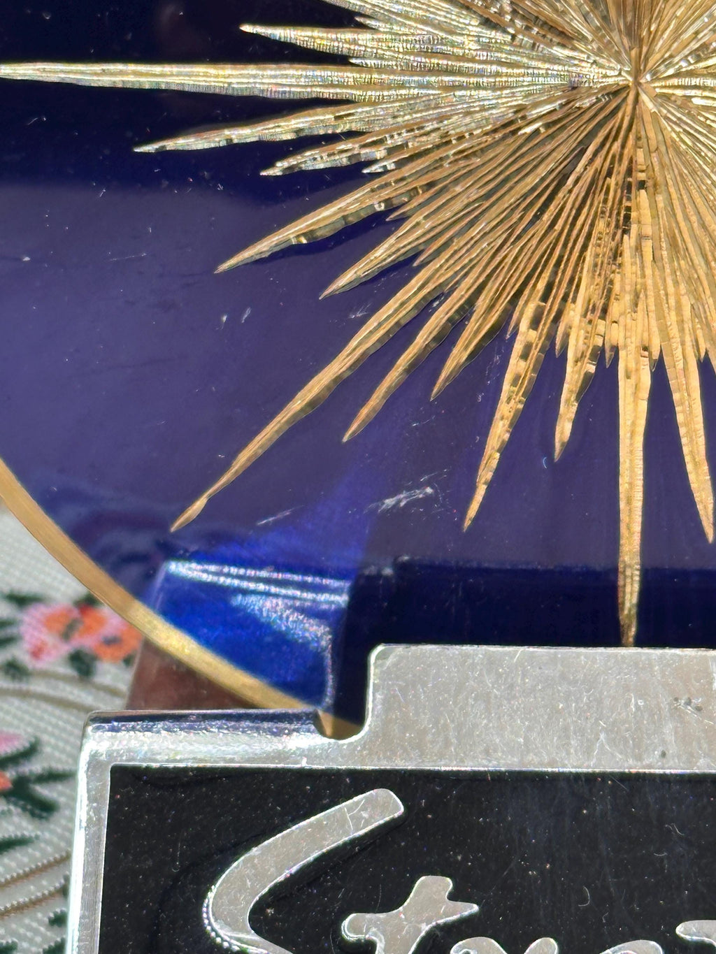 Vintage Stratton Cobalt Blue Guilloché Enamel Starburst Powder Compact 8.5cm Made in England