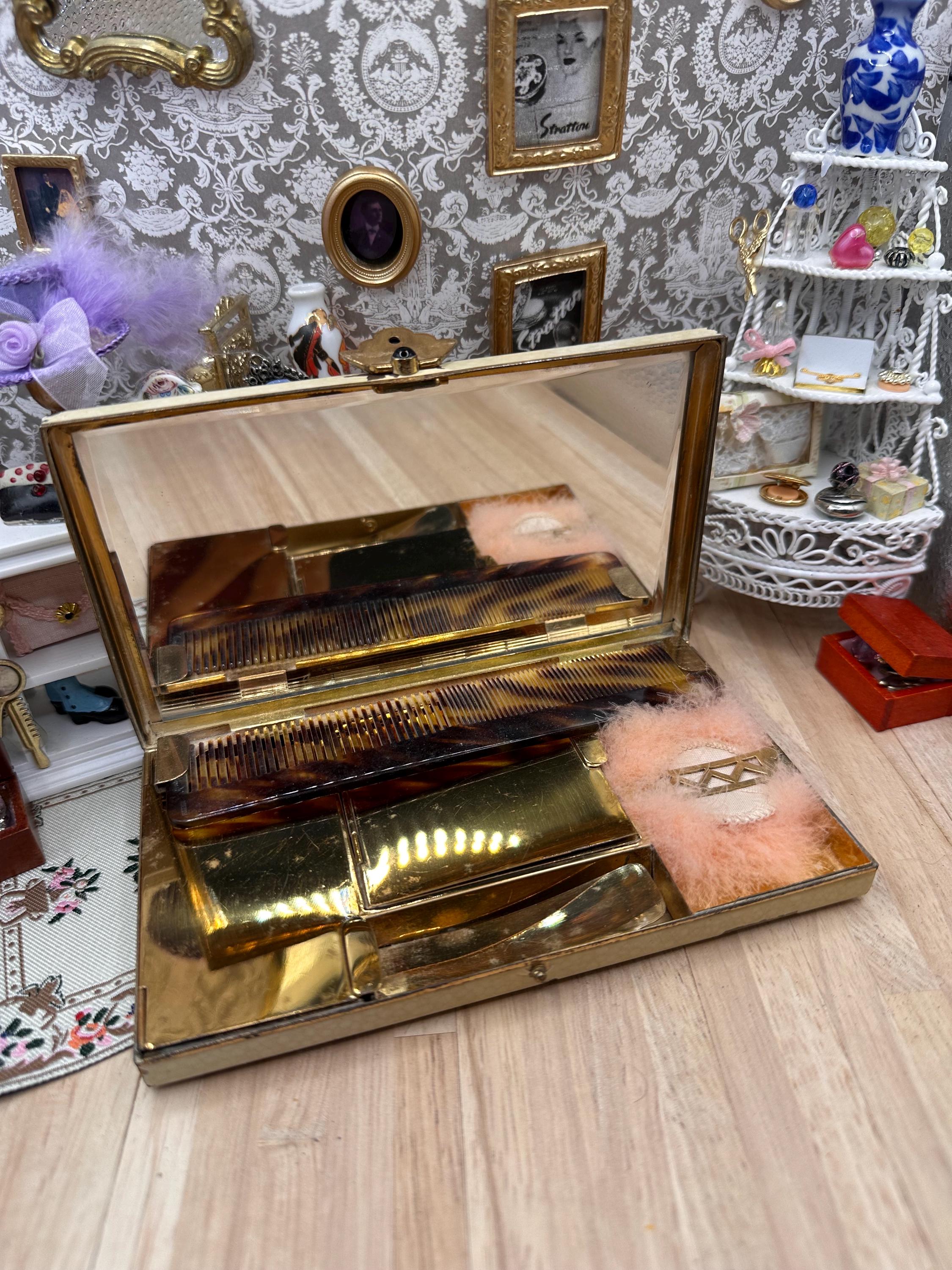 Rare Art Deco L. S. Mayer Entouka Cream Enamel Minaudière Carryall Vanity Case with Comb, Swan’s Down Puff, Pouch & Sifter