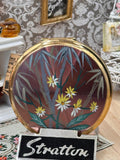Vintage Stratton Bamboo & Daisy Floral Powder Compact Mirror 8cm Copper Enamel