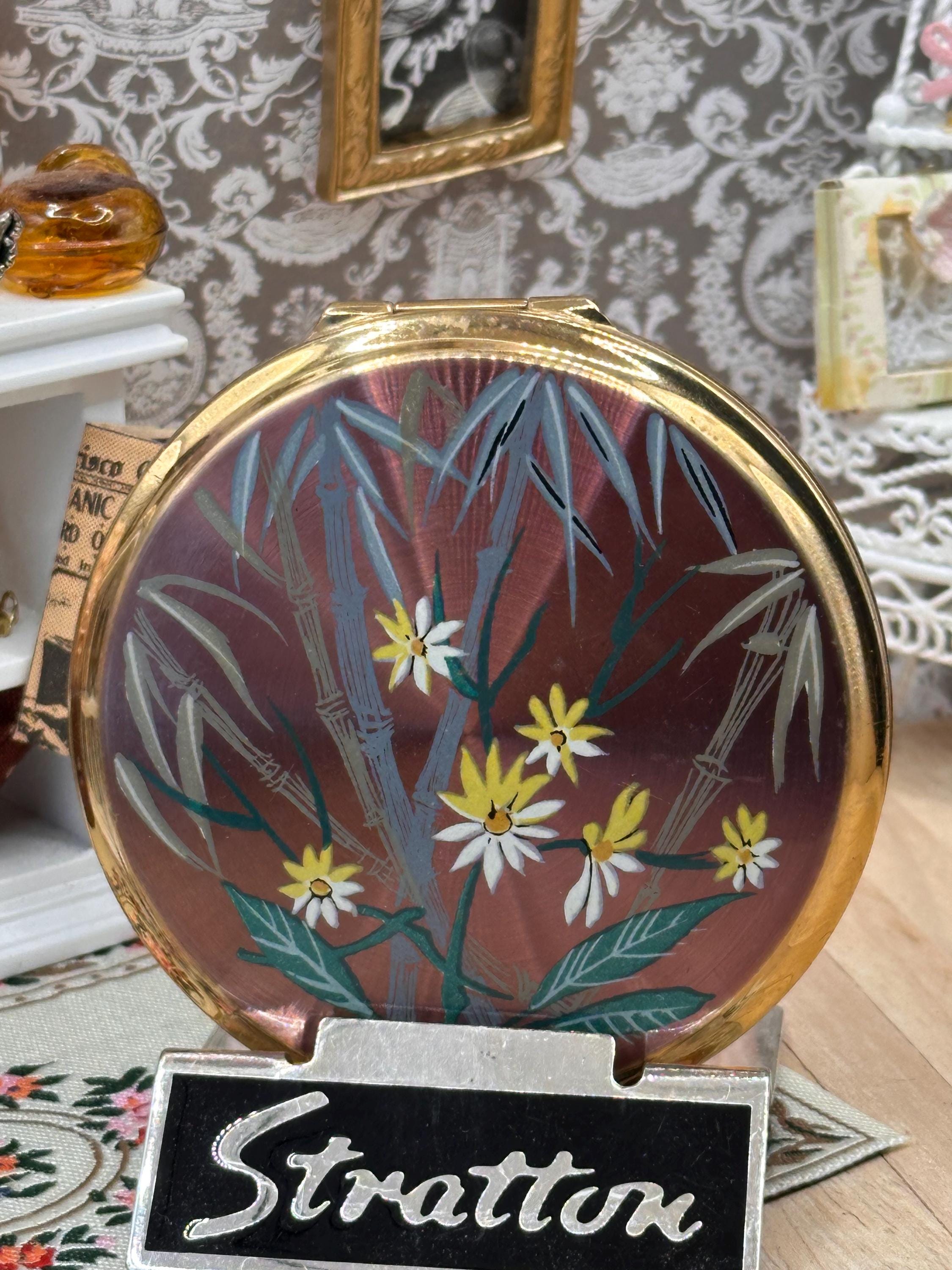 Vintage Stratton Bamboo & Daisy Floral Powder Compact Mirror 8cm Copper Enamel