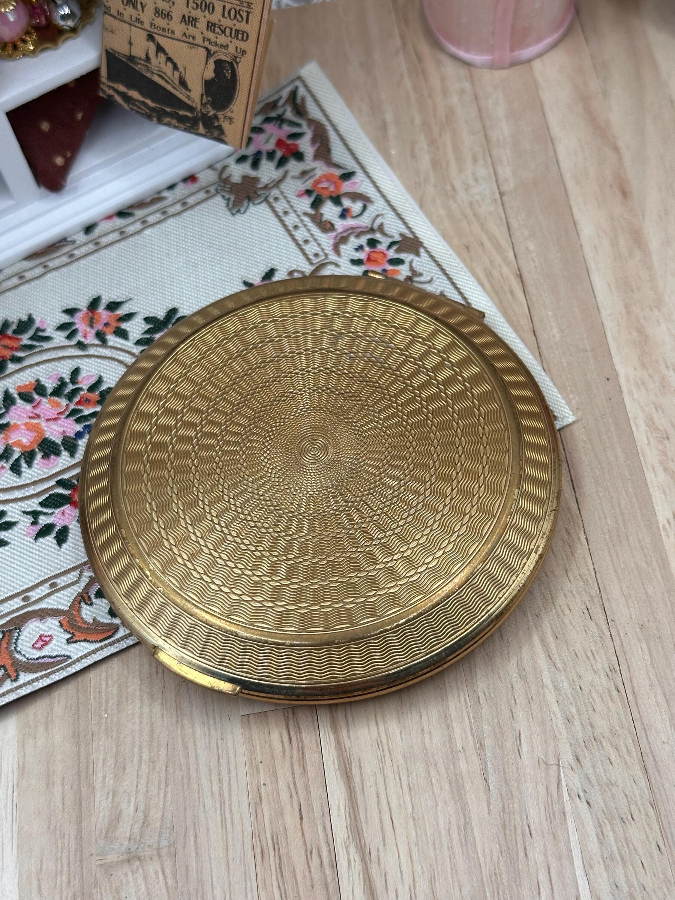 Vintage Kigu of London Gold Tone Powder Compact 8cm Engine Turned Vanity Mirror