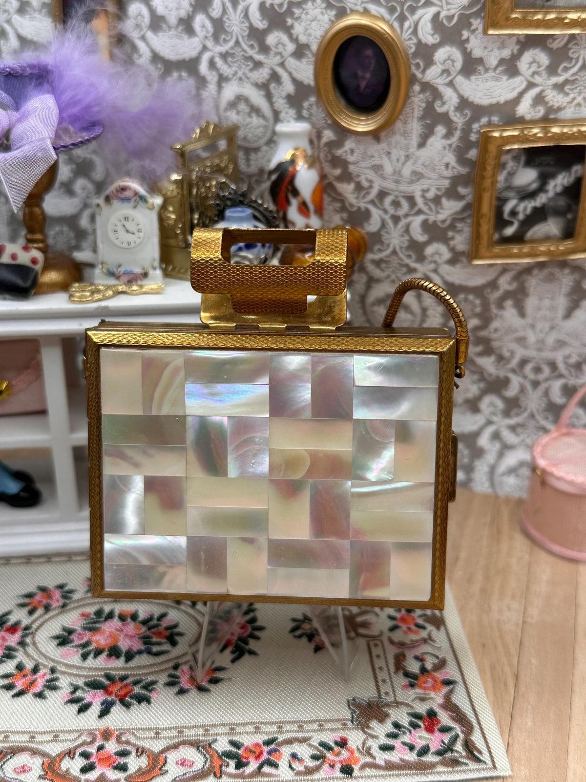 Vintage Kigu of London Mother of Pearl Party Case Carryall Compact Purse with Wrist Strap