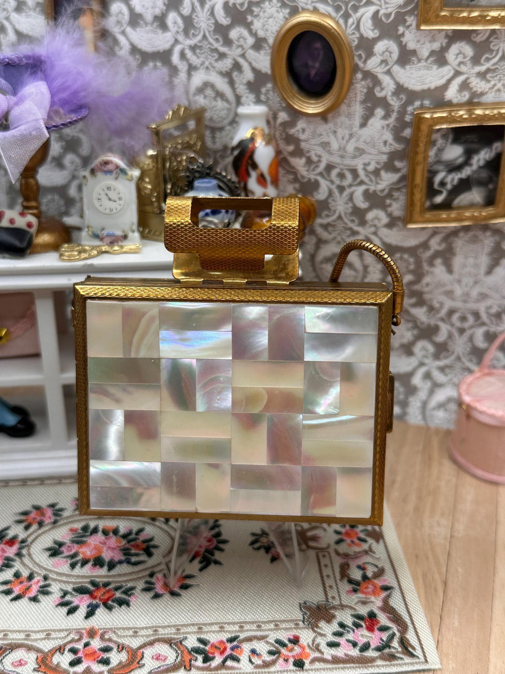 Vintage Kigu of London Mother of Pearl Party Case Carryall Compact Purse with Wrist Strap