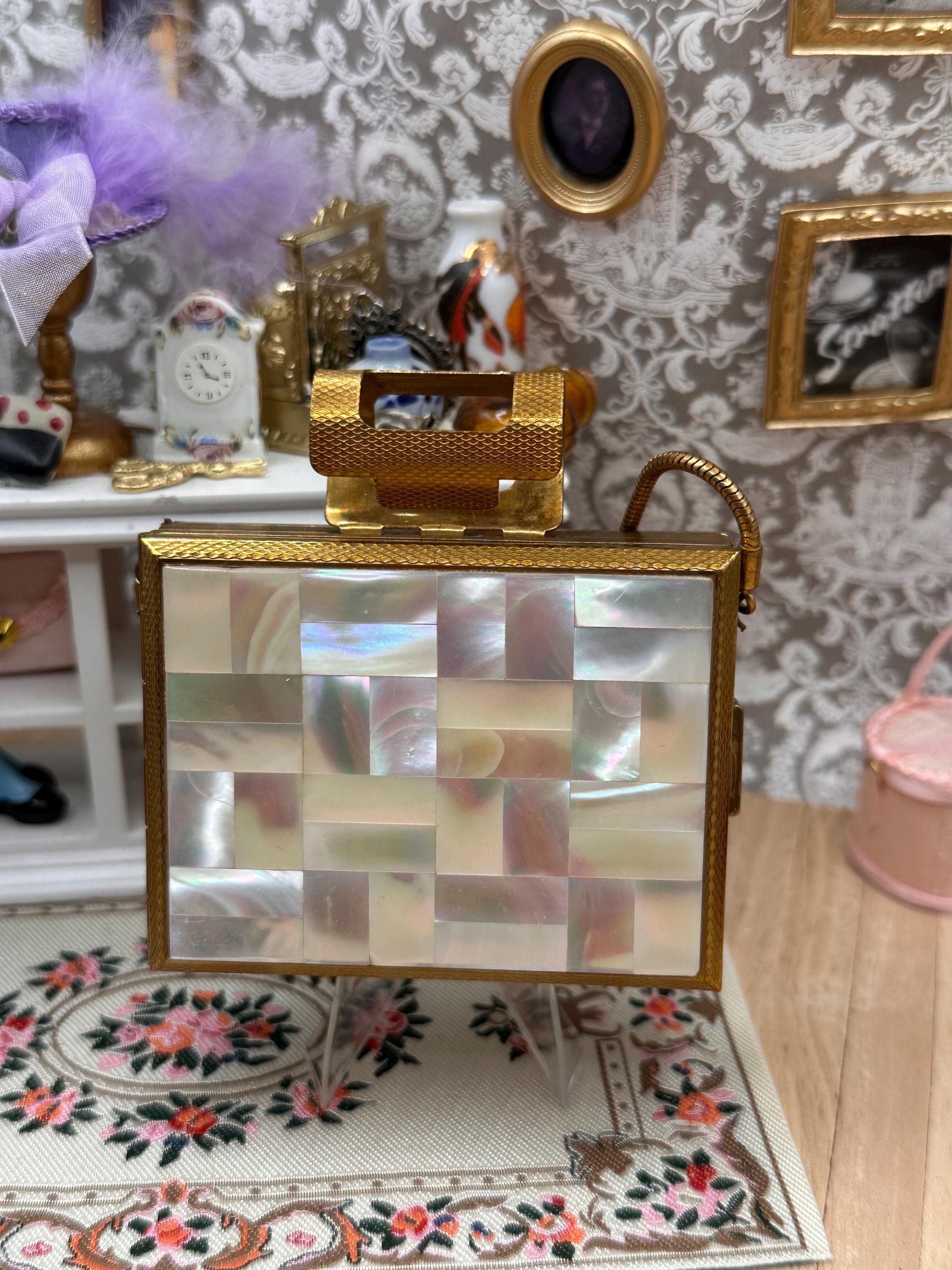 Vintage Kigu of London Mother of Pearl Party Case Carryall Compact Purse with Wrist Strap