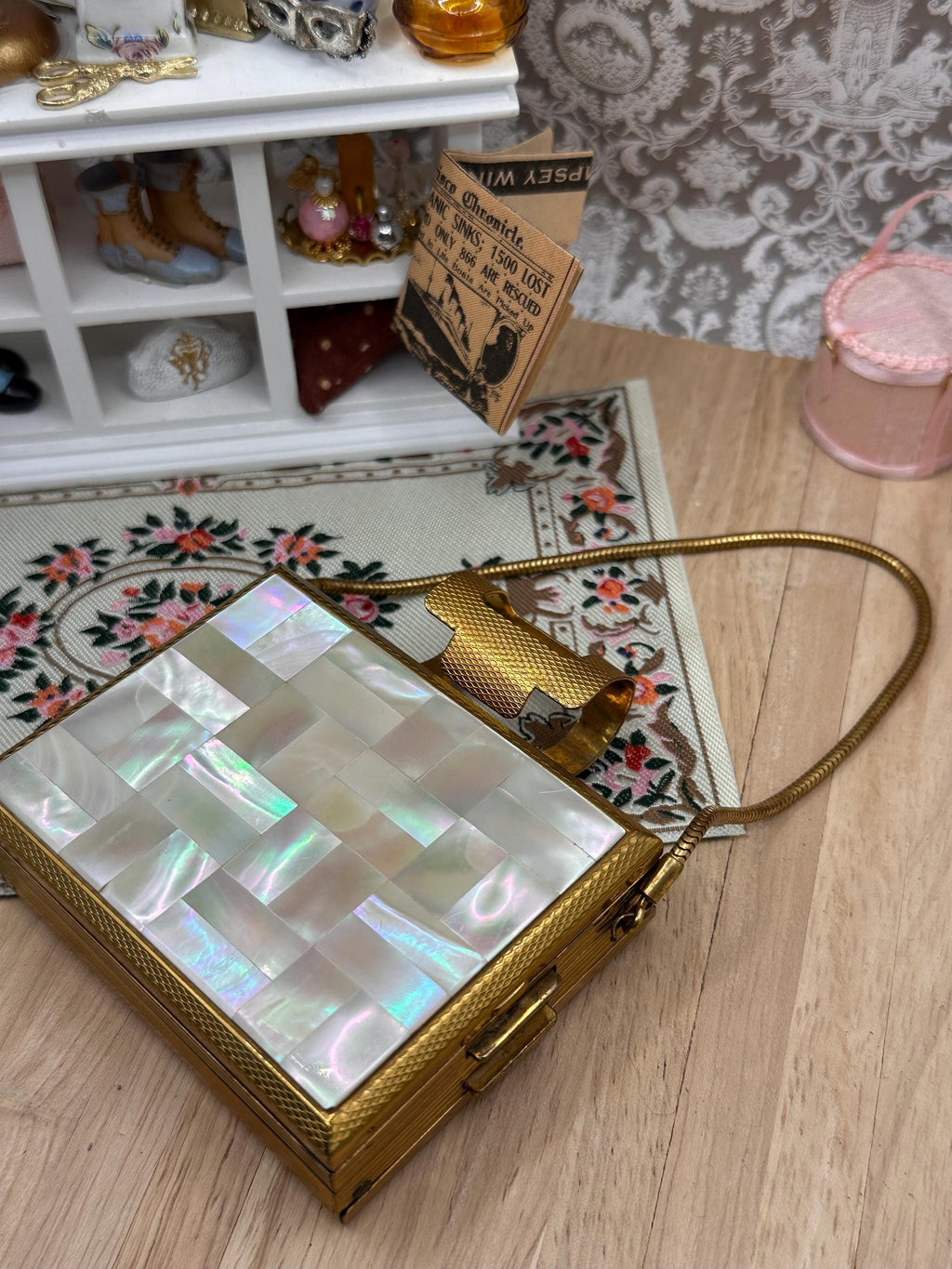 Vintage Kigu of London Mother of Pearl Party Case Carryall Compact Purse with Wrist Strap