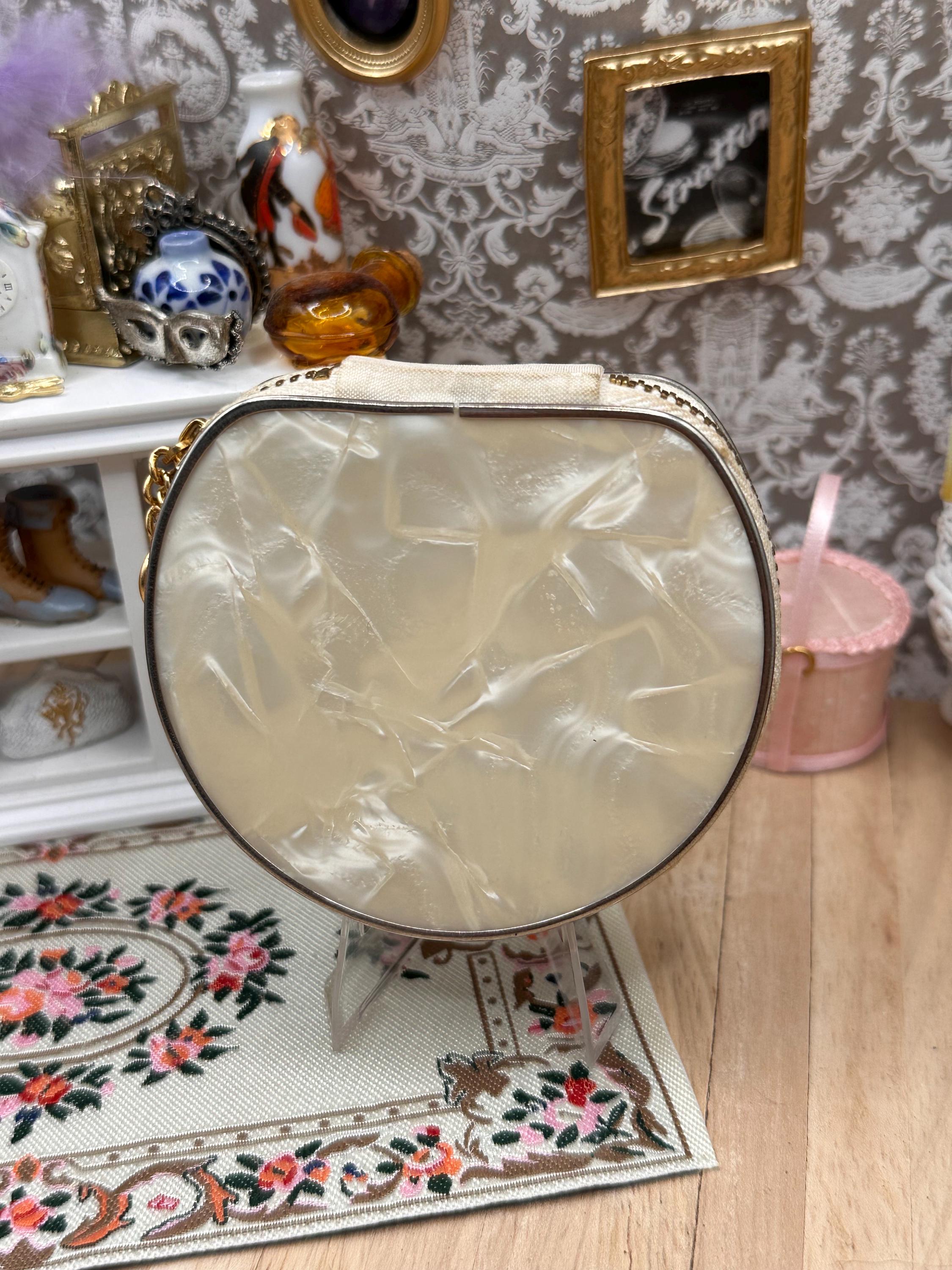 Rare Vintage 1950s Zip Around Lucite Powder Compact – Hand Decorated Floral Vanity Compact – Marbled Faux Mother of Pearl Makeup Compact