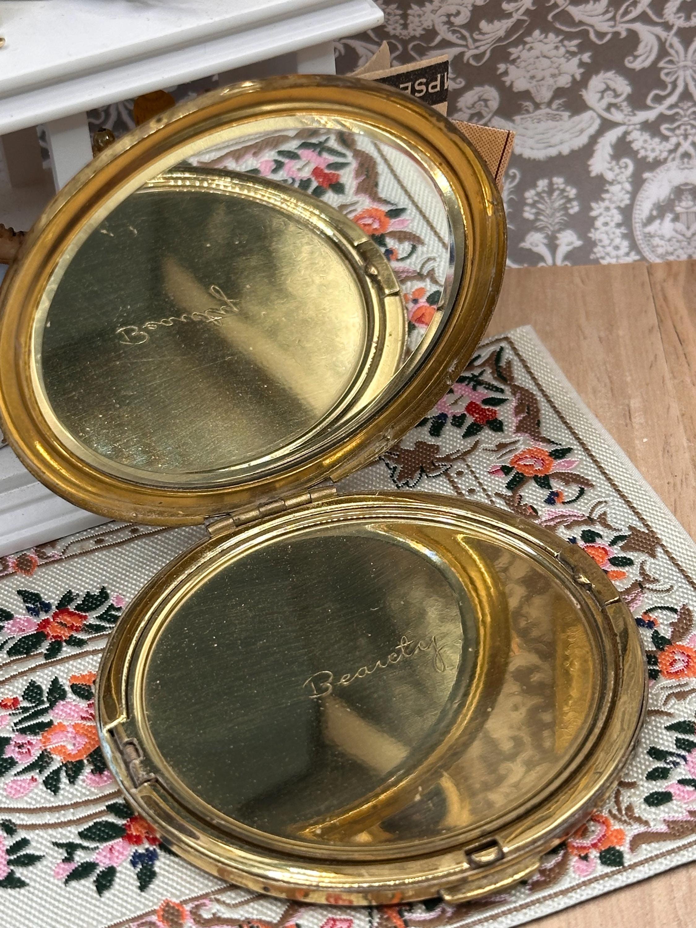 Vintage Beauty Powder Compact 7cm Gold Tone Mirror Compact Aurora Rhinestones Mother of Pearl Mosaic Vanity Compact Display Piece