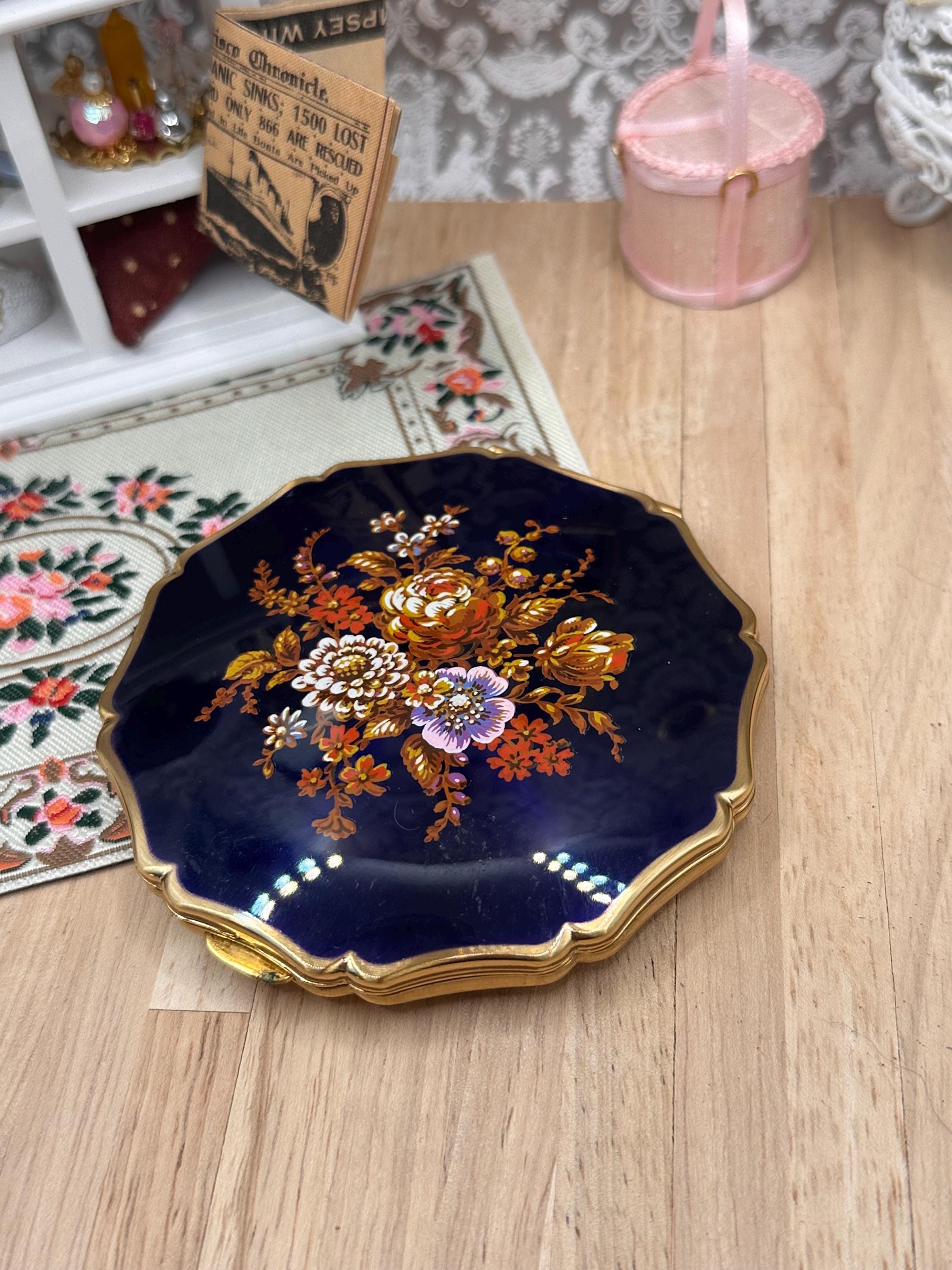 Vintage Boxed Stratton Floral Powder Compact 8.5cm Navy Blue Enamel Unused with Pouch & Sifter