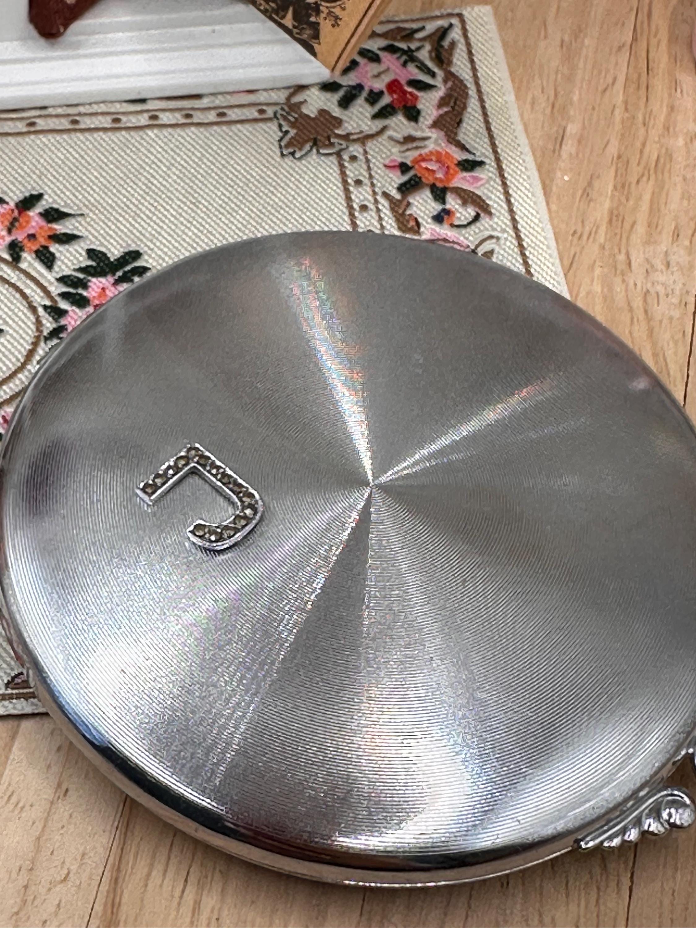 Vintage Ciro Rhinestone Initial J Powder Compact 8cm Silver Tone Engine Turned Art Deco Mirror