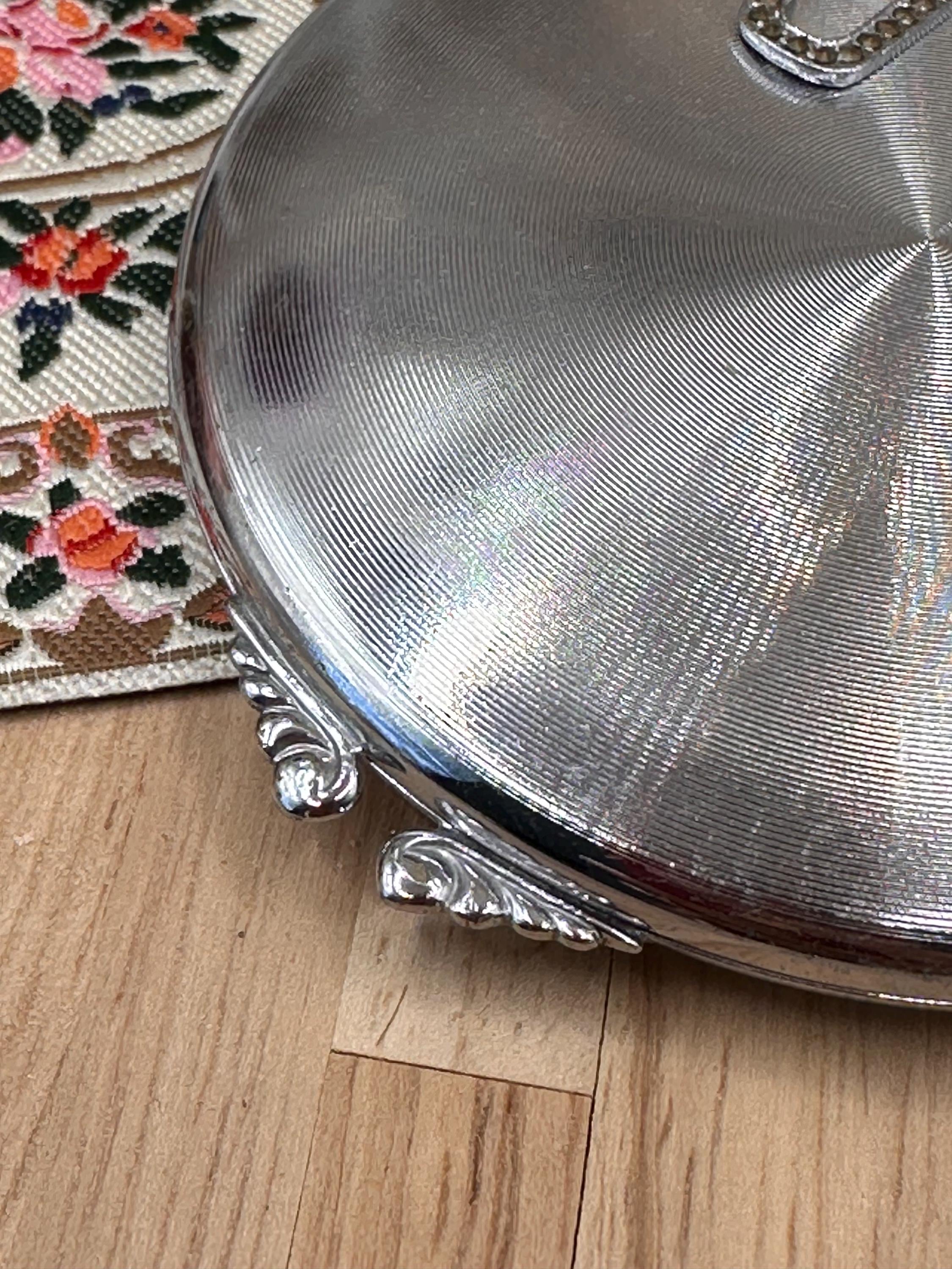 Vintage Ciro Rhinestone Initial J Powder Compact 8cm Silver Tone Engine Turned Art Deco Mirror