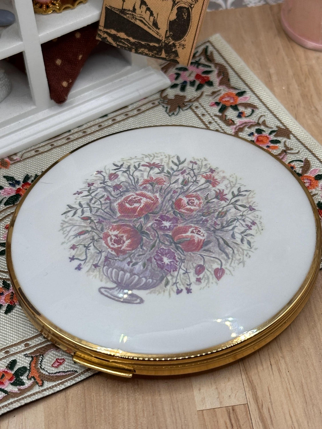 Vintage Stratton Convertible Floral Bouquet Powder Compact with Pouch 8.5cm Made in England