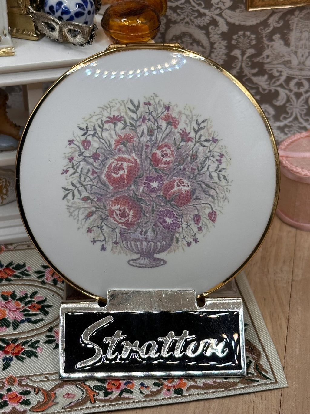 Vintage Stratton Convertible Floral Bouquet Powder Compact with Pouch 8.5cm Made in England
