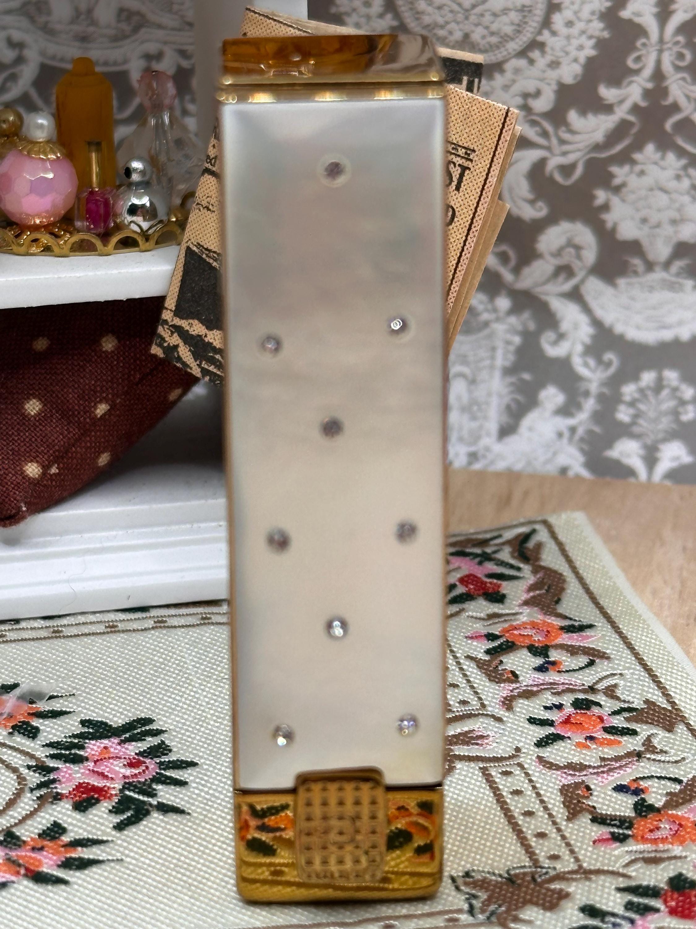 Vintage Kotler and Kopit White Pearlised Lucite & Rhinestone Lipstick Holder with Original Lipstick 6.5cm