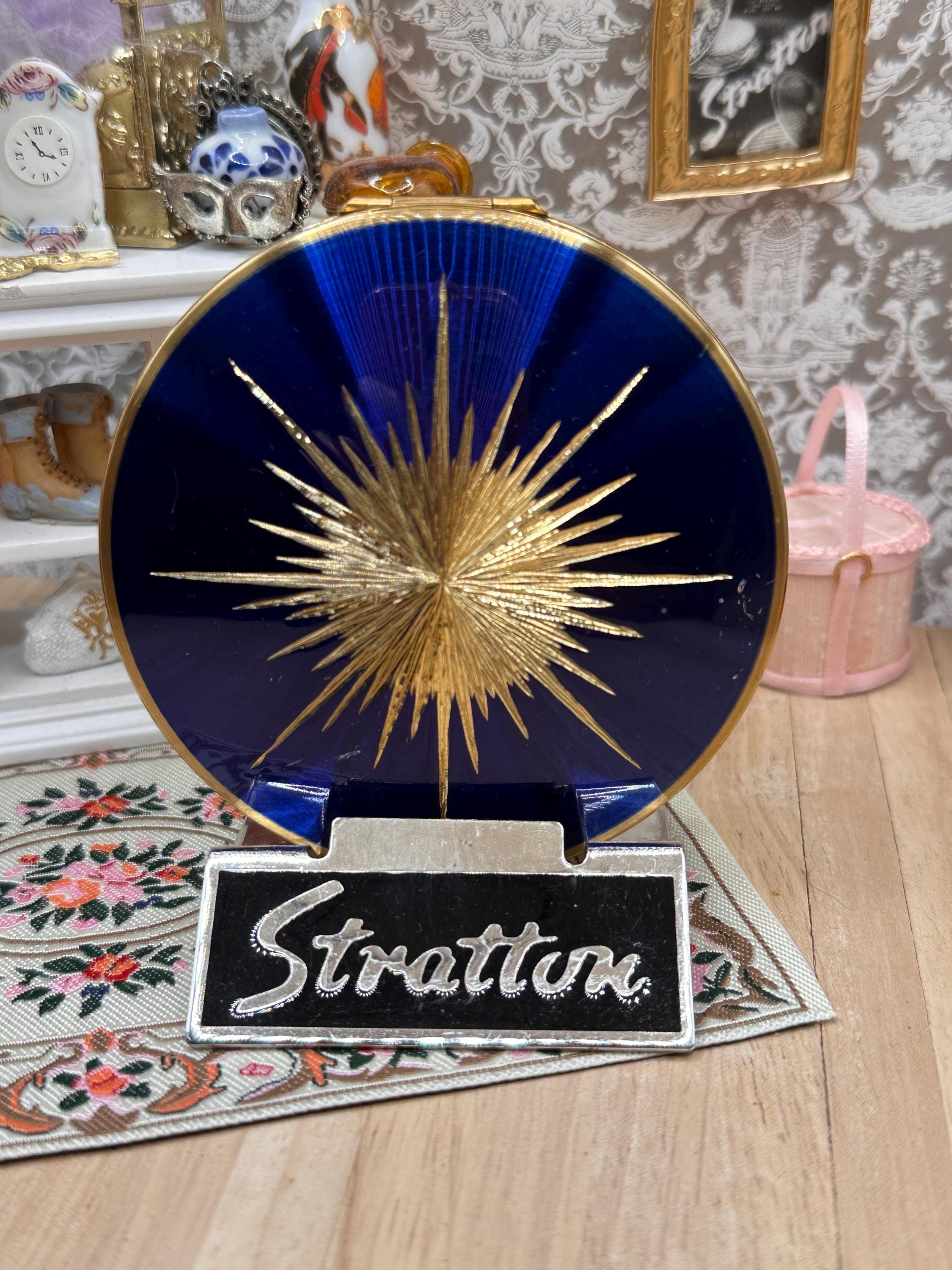 Vintage Stratton Cobalt Blue Guilloché Enamel Starburst Powder Compact 8.5cm Made in England