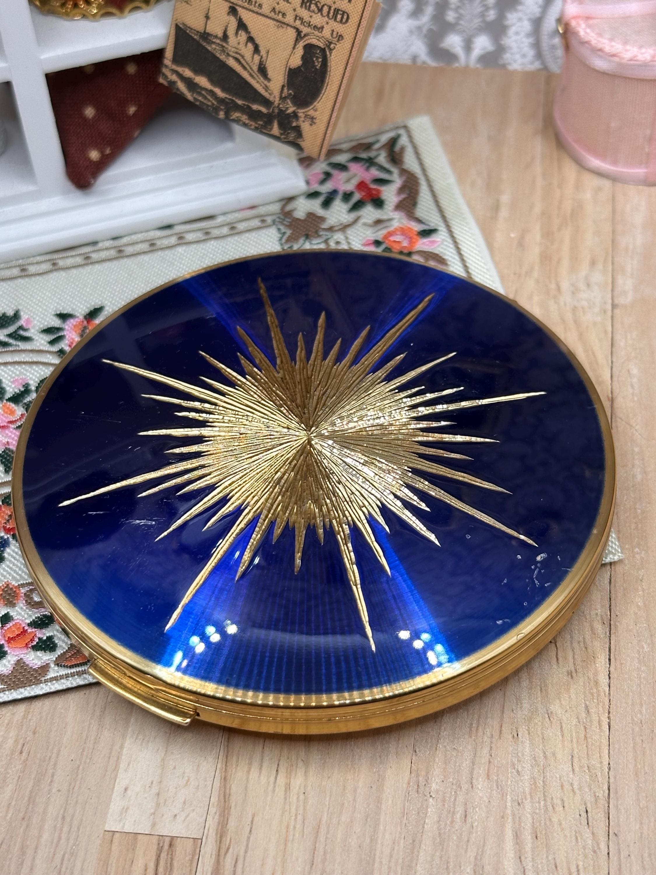 Vintage Stratton Cobalt Blue Guilloché Enamel Starburst Powder Compact 8.5cm Made in England
