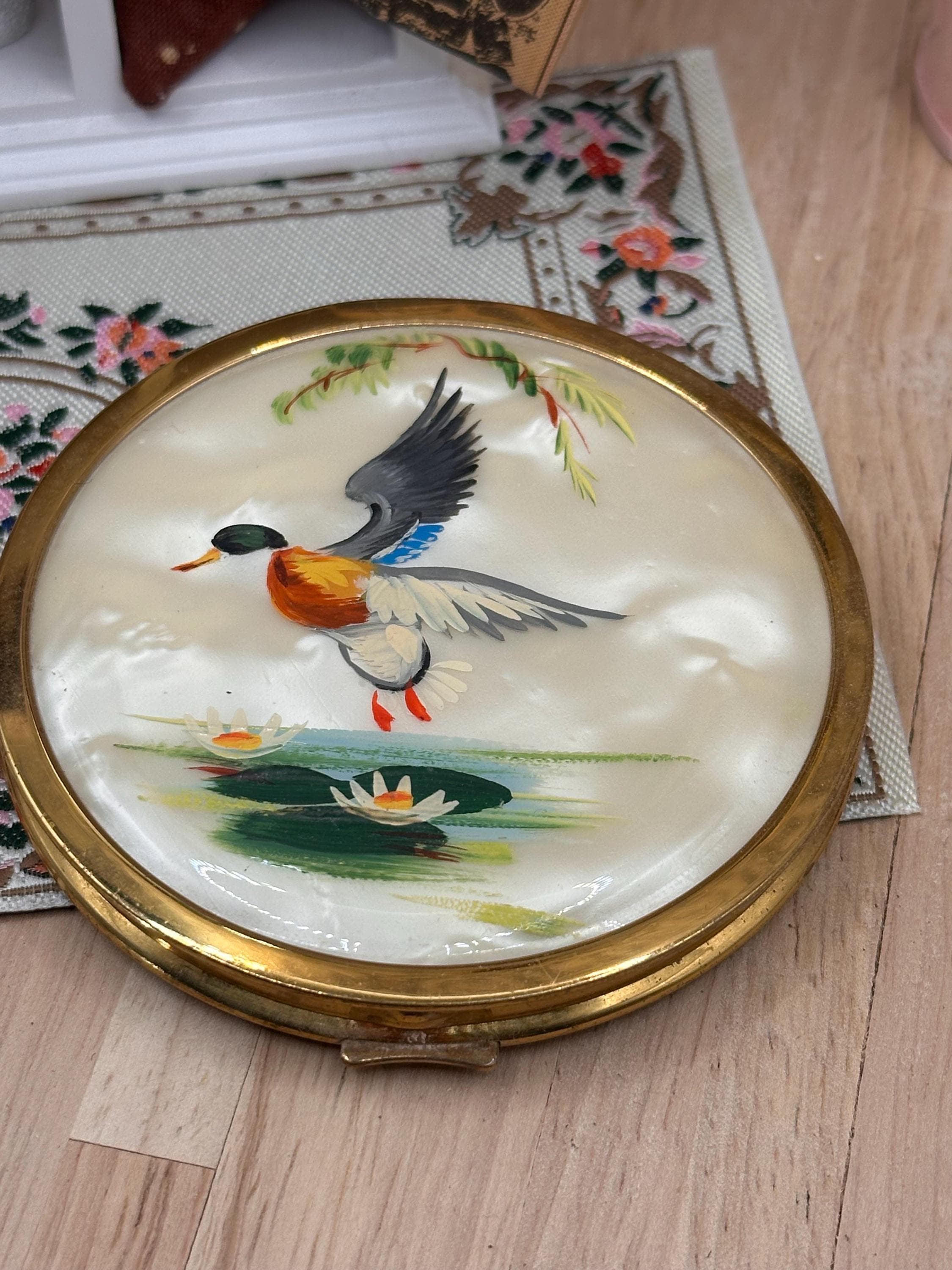 Vintage Mascot Hand Painted Flying Mallard Powder Compact with Pouch 7.5cm