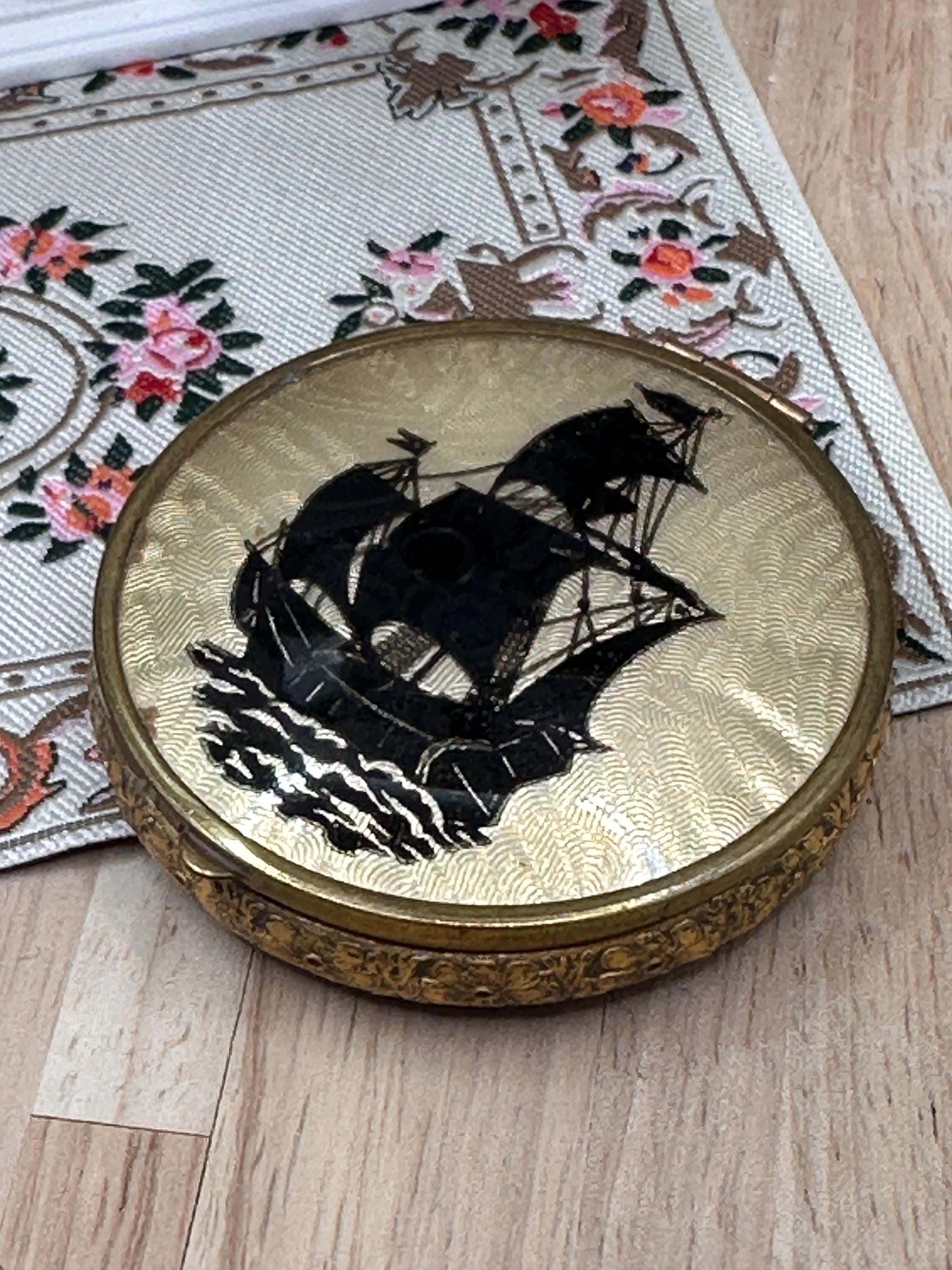 Vintage 1930s Enamel Sailing Ship Powder Compact with Concealed Rouge – Attributed to Bliss Brothers