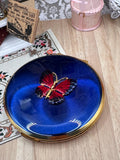 Vintage Kigu Convertible Powder Compact Cobalt Blue Enamel Applied Butterfly Boxed Unused 1960s