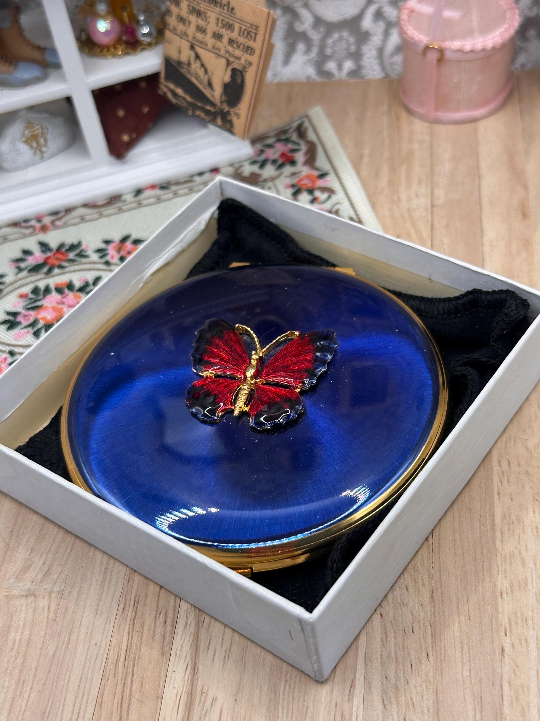 Vintage Kigu Convertible Powder Compact Cobalt Blue Enamel Applied Butterfly Boxed Unused 1960s