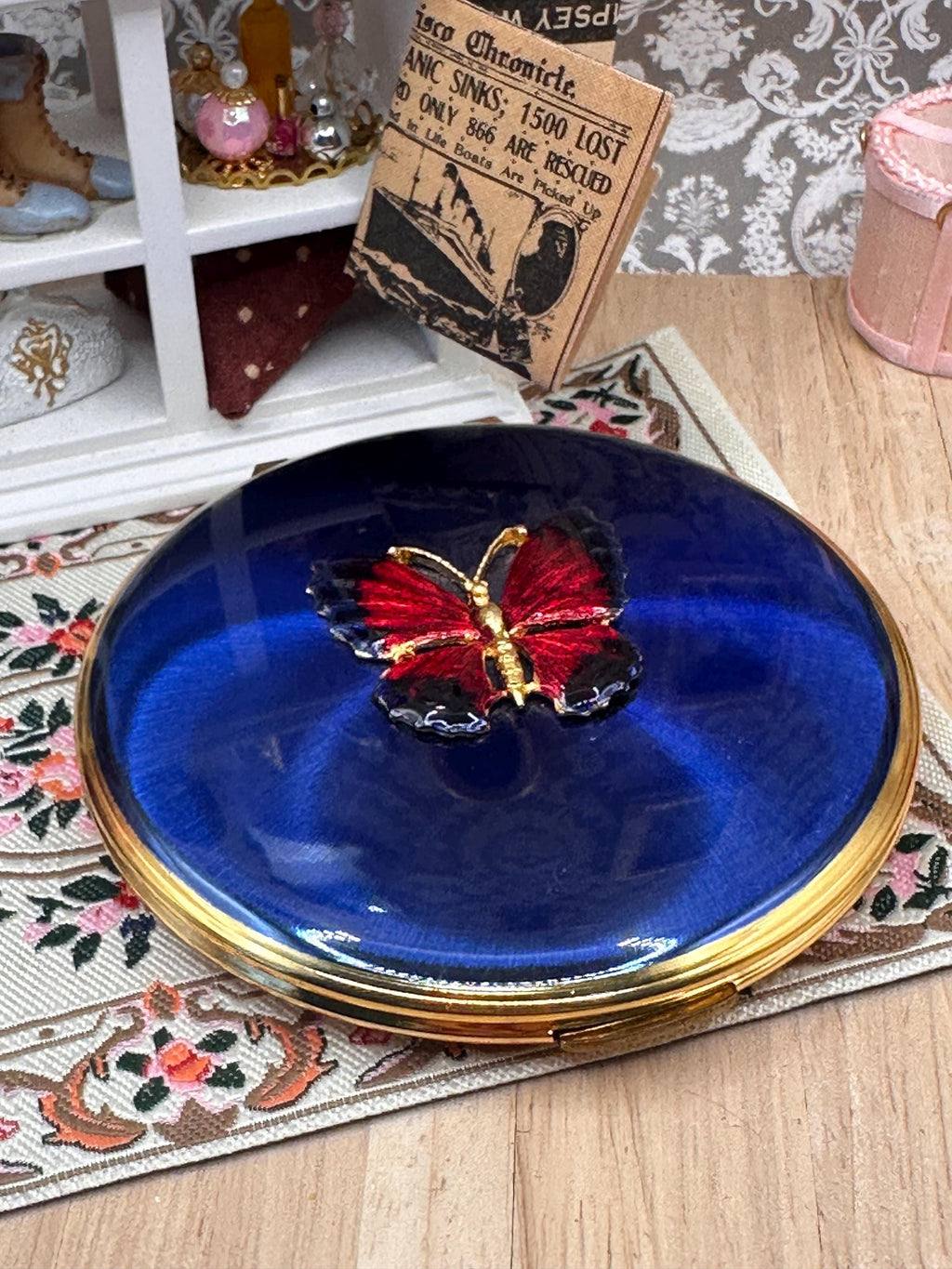 Vintage Kigu Convertible Powder Compact Cobalt Blue Enamel Applied Butterfly Boxed Unused 1960s