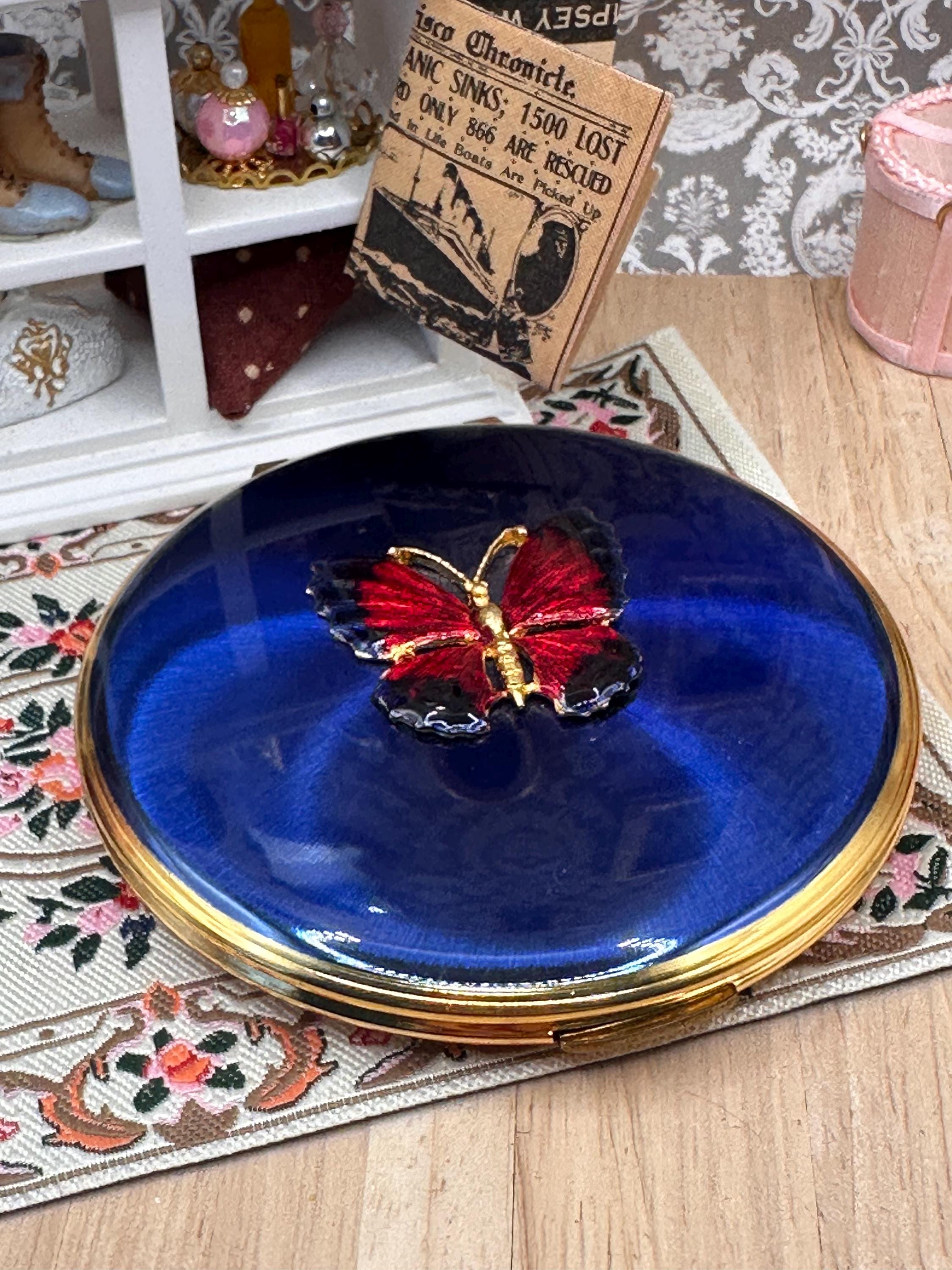 Vintage Kigu Convertible Powder Compact Cobalt Blue Enamel Applied Butterfly Boxed Unused 1960s